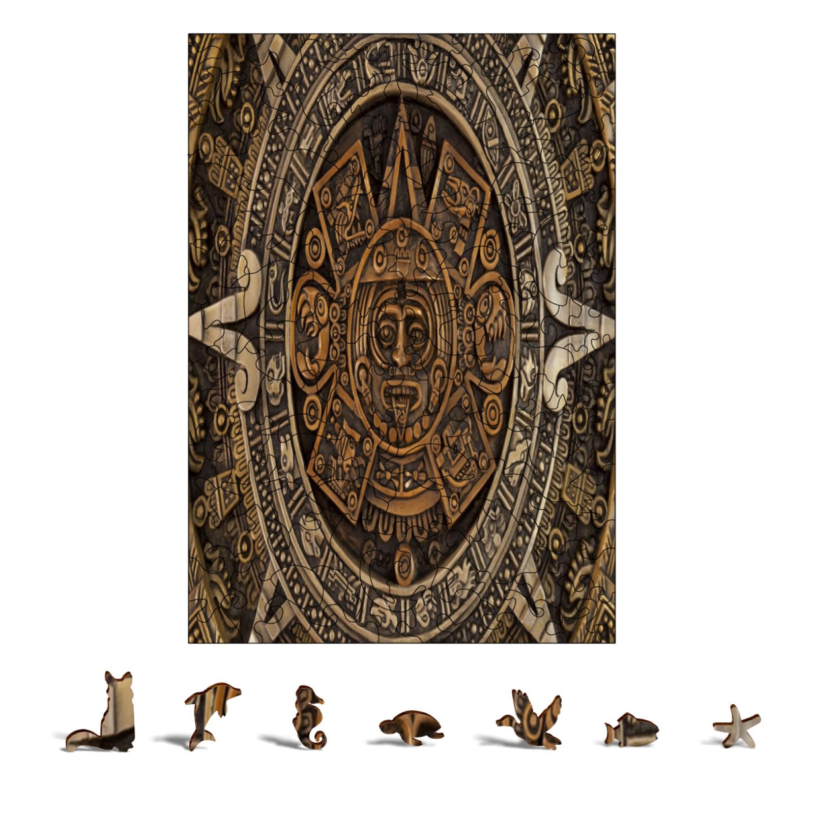 Vintage Aztec Calendar Mayan Puzzles Wooden Jigsaw Puzzle Clear Patterns Challenging Fun Unique Shape Pieces for The Whole Family S (125 Pieces)