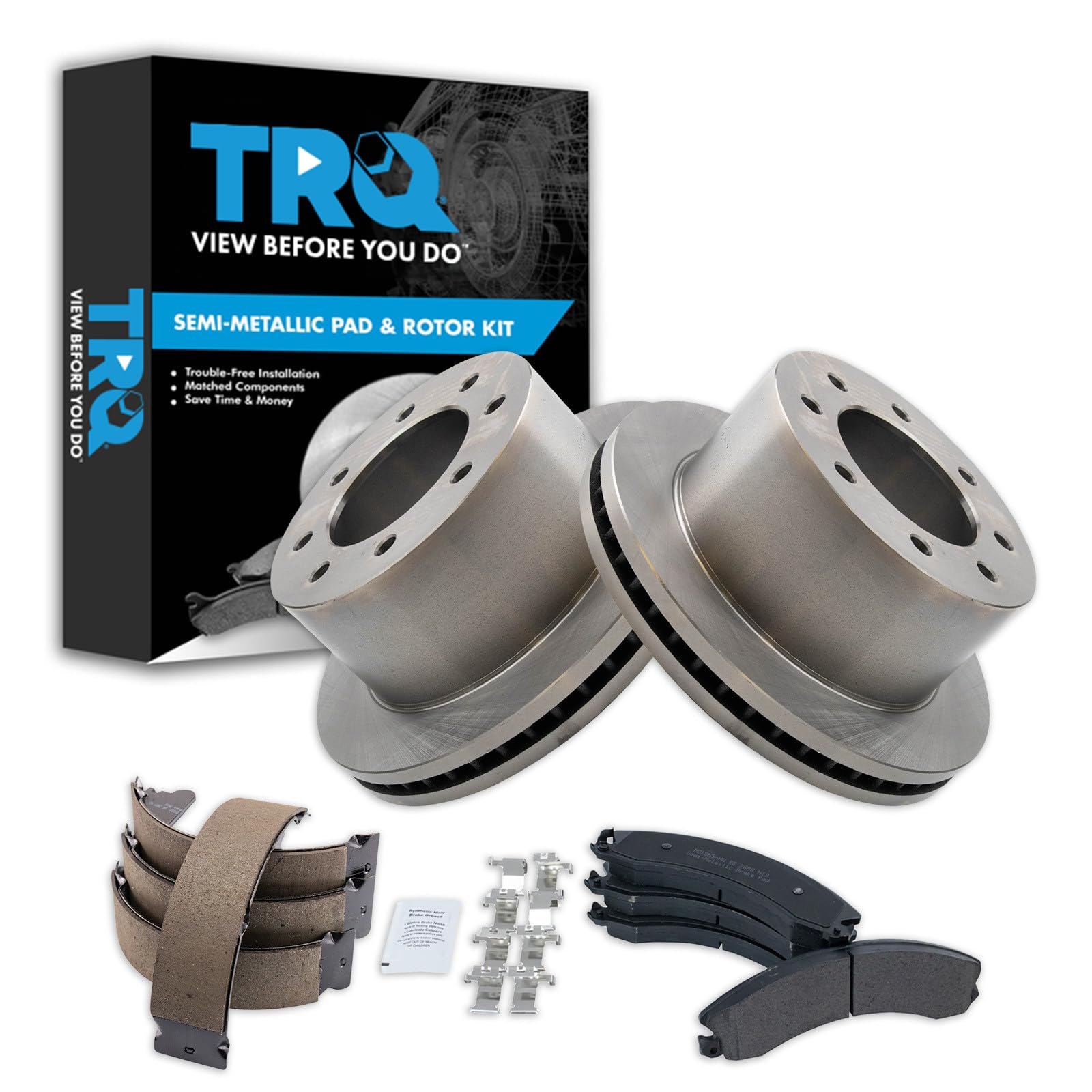 TRQ Rear Brake Pad &amp; Rotor Kit Parking Brake Shoe Set Semi-Metallic Compatible with 2013-2017 Chevrolet Silverado 3500 HD GMC Sierra 3500 HD