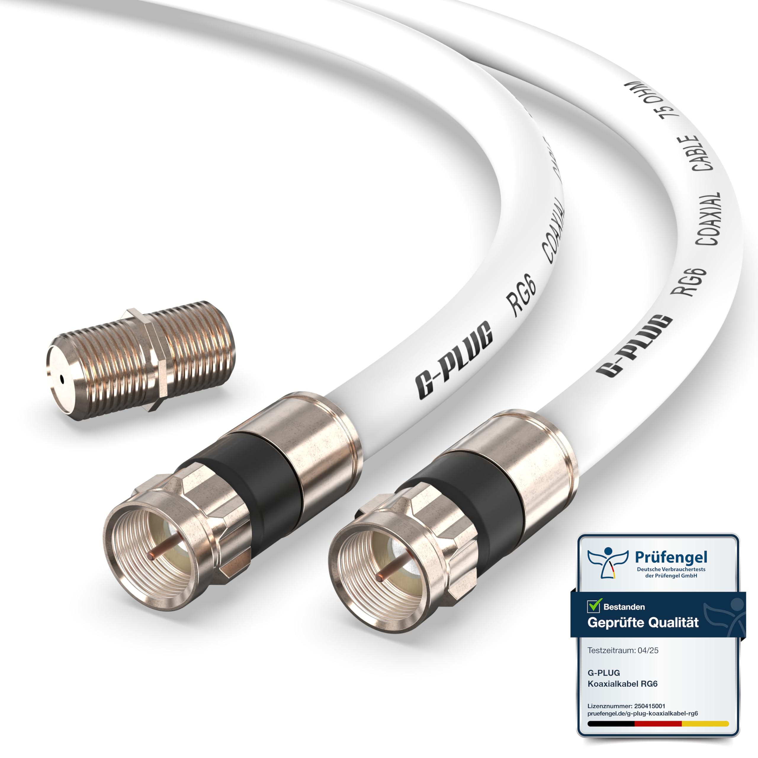 G-PLUG 2m Koaxialkabel RG6 – 135dB 4-fach geschirmt mit vergoldeten Steckern & Gummi-O-Ring – Antennenkabel für DVB-T2, DVB-C, DVB-S2 – HDTV 4K 3D – wasserdicht – Weiß