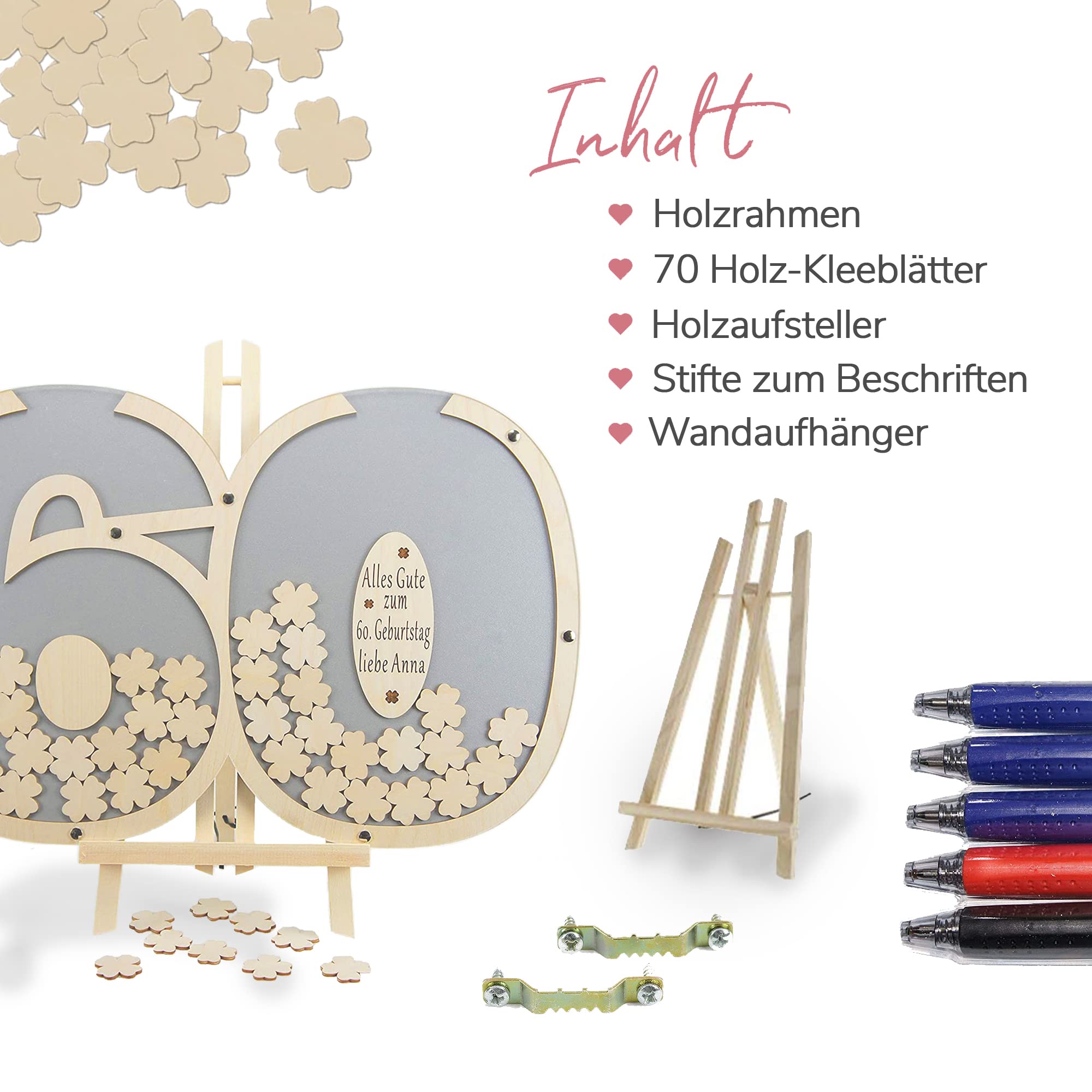 Gästebuch personalisierbar mit Holzzahlen 60 | 40x60 cm in Grau | Holz Kleeblätter zum Beschriften - Geburtstag Geschenk für Frau & Mann - 60. Geburtstag | Made in Germany