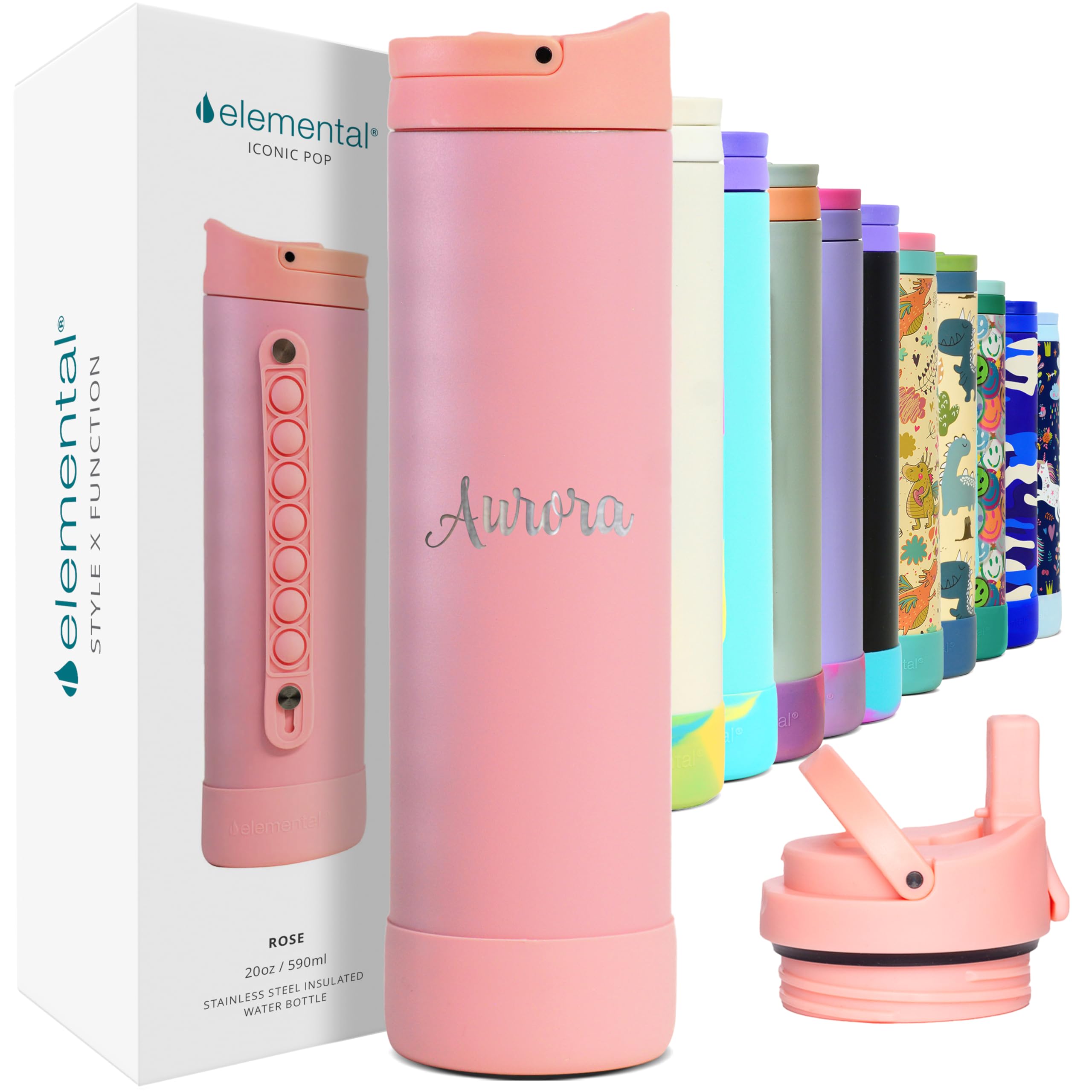 Elemental Iconic Kids Personalized Water Bottle with Straw Lid & Stress Relief Pop It Handle, Custom Triple Insulated Kids Stainless Steel Water