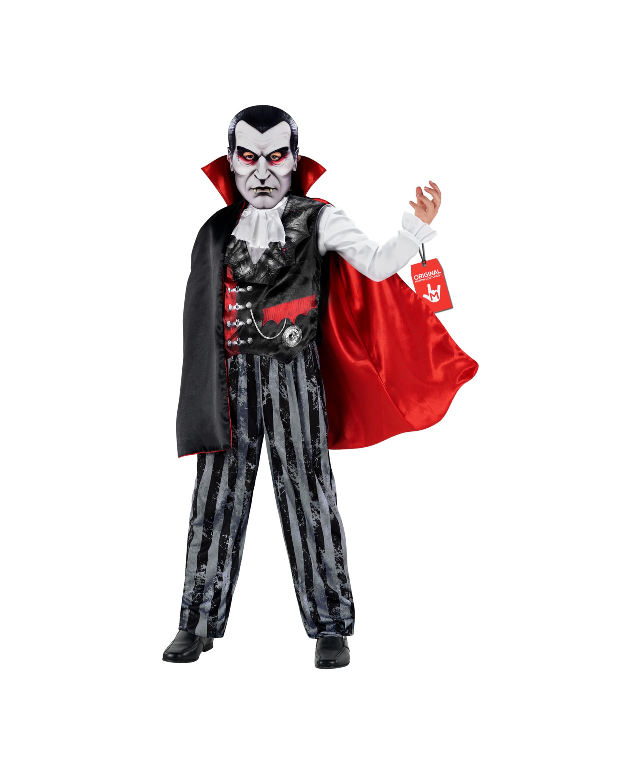 Morph Costume Dracula Bambino, Vampiro Halloween Bambino | Gilet Vintage, Pantaloni a Righe, Mantello & Maschera, Design Vampiro, Perfetto per Halloween, Ideale per il Gioco di Ruolo