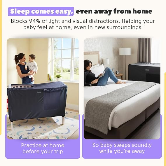 SnoozeShade Blackout Cover and Sleep Canopy for Cots Breathable Baby Mesh Blocks 94% of Light Universal Fit for 120 x 60 cm Cot Mattress Mosquito Protection for Room Sharing or Holiday Sleep