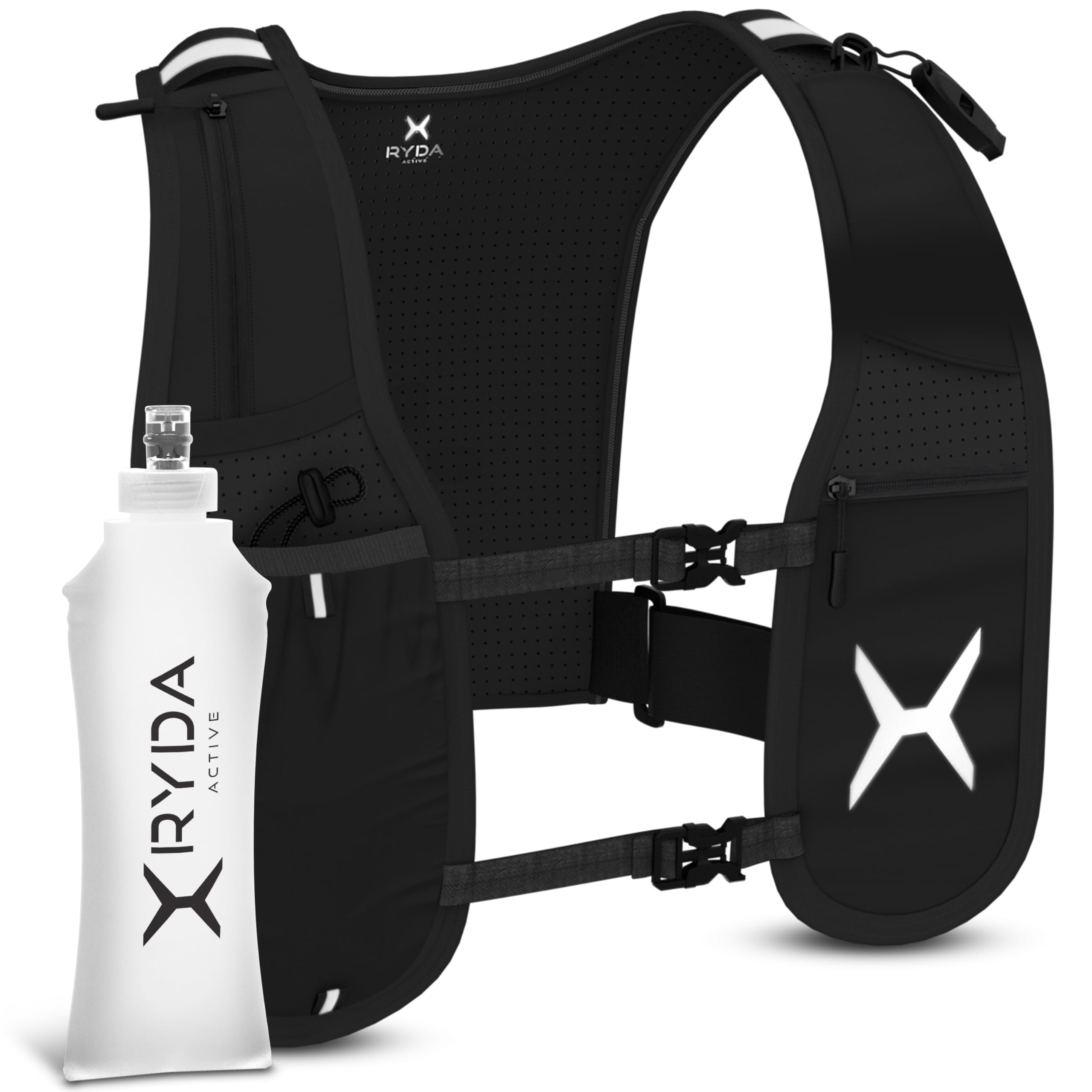 RYDA ACTIVE® Laufweste Damen & Herren | wasserdichte Handytasche | Ultraleicht 270g | 500ml Trinkflasche & Pfeife | reflektierend & universell verstellbar | ideal für Joggen, Trail & Marathon