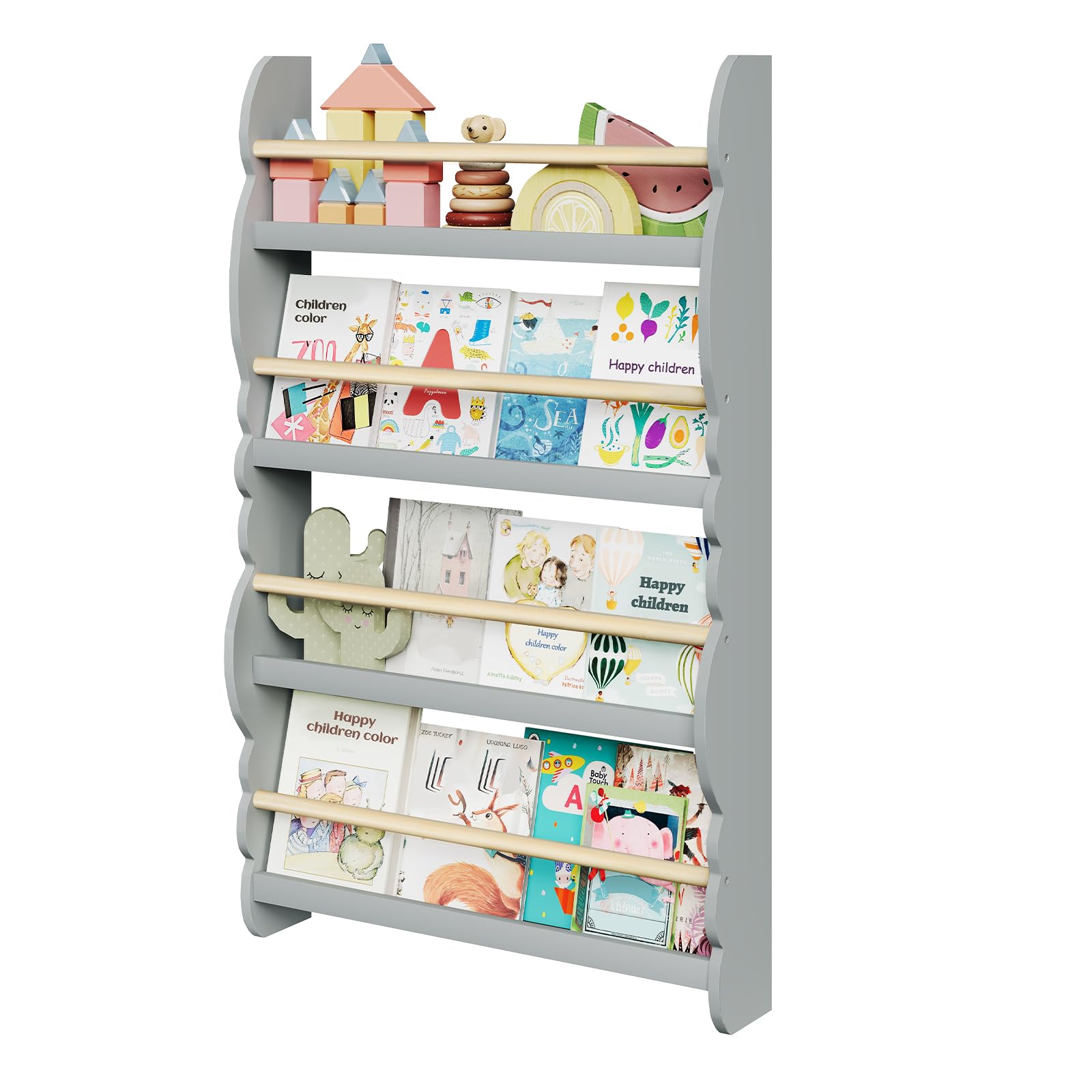 WOLTU Kinder Bücherregal Wand, Bücher-Organizer mit 4 Ablagen, Kinderregal für Buchaufbewahrung, Wandregal Kinderzimmer aus Kiefernholz E1 MDF, für Spielzimmer, Grau