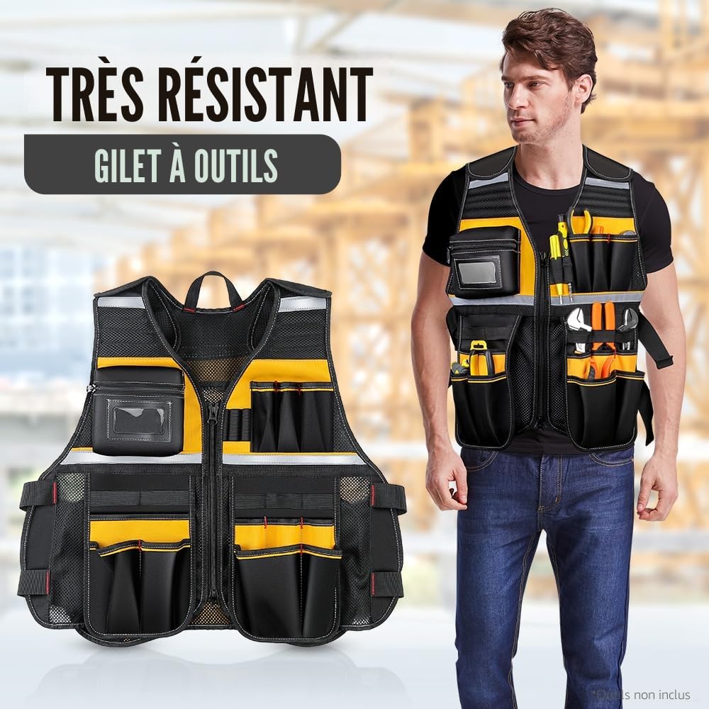 WINHUNT Gilet de travail avec plusieurs poches, gilet en tissu Oxford solide, gilet réfléchissant pour électricien, charpentier, travailleur