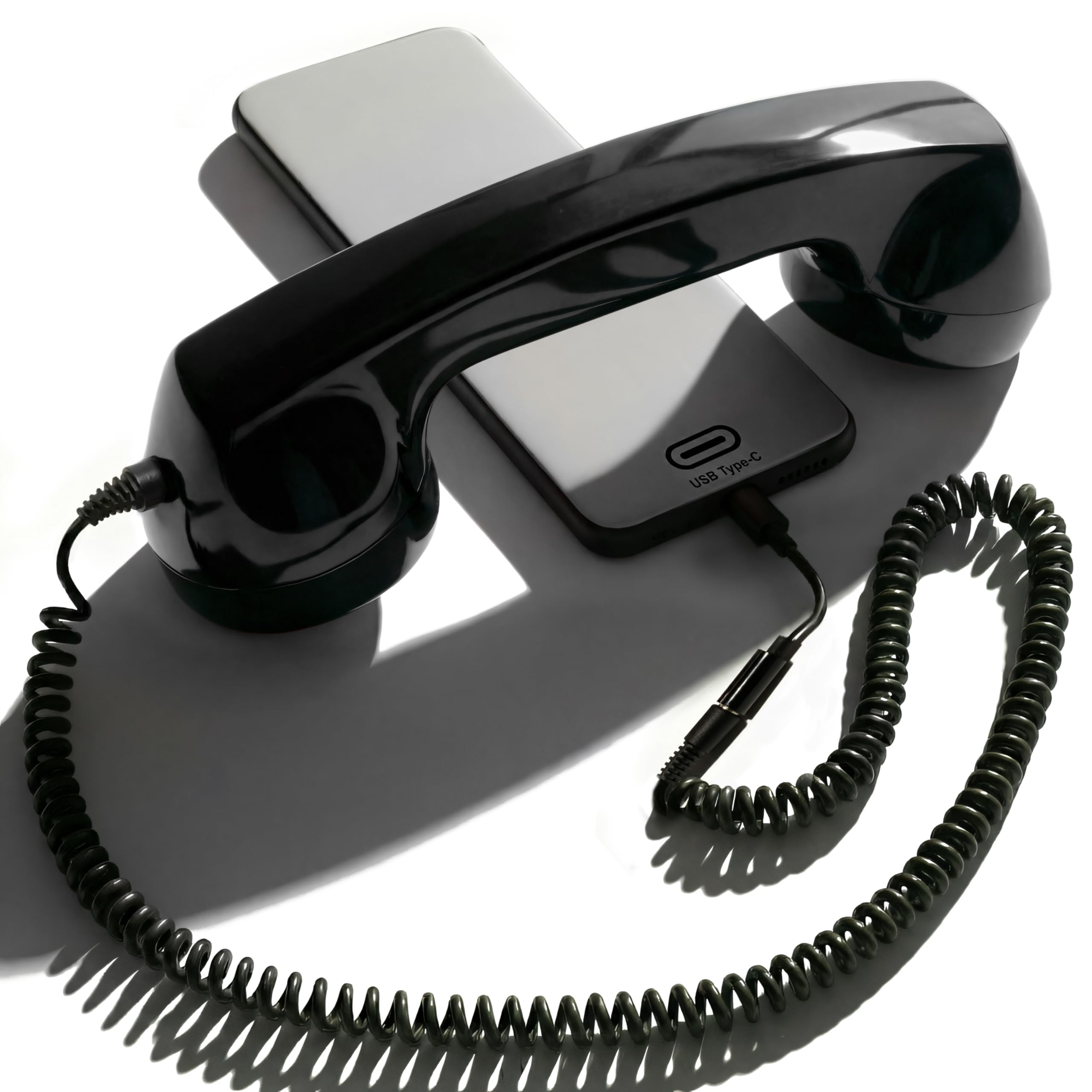 Opis 60s Micro : Retro Phone Handset with USB-C and AUX 3.5mm Plug as a Classic Vintage Telephone Receiver for Cell Mobile Phones (Black)