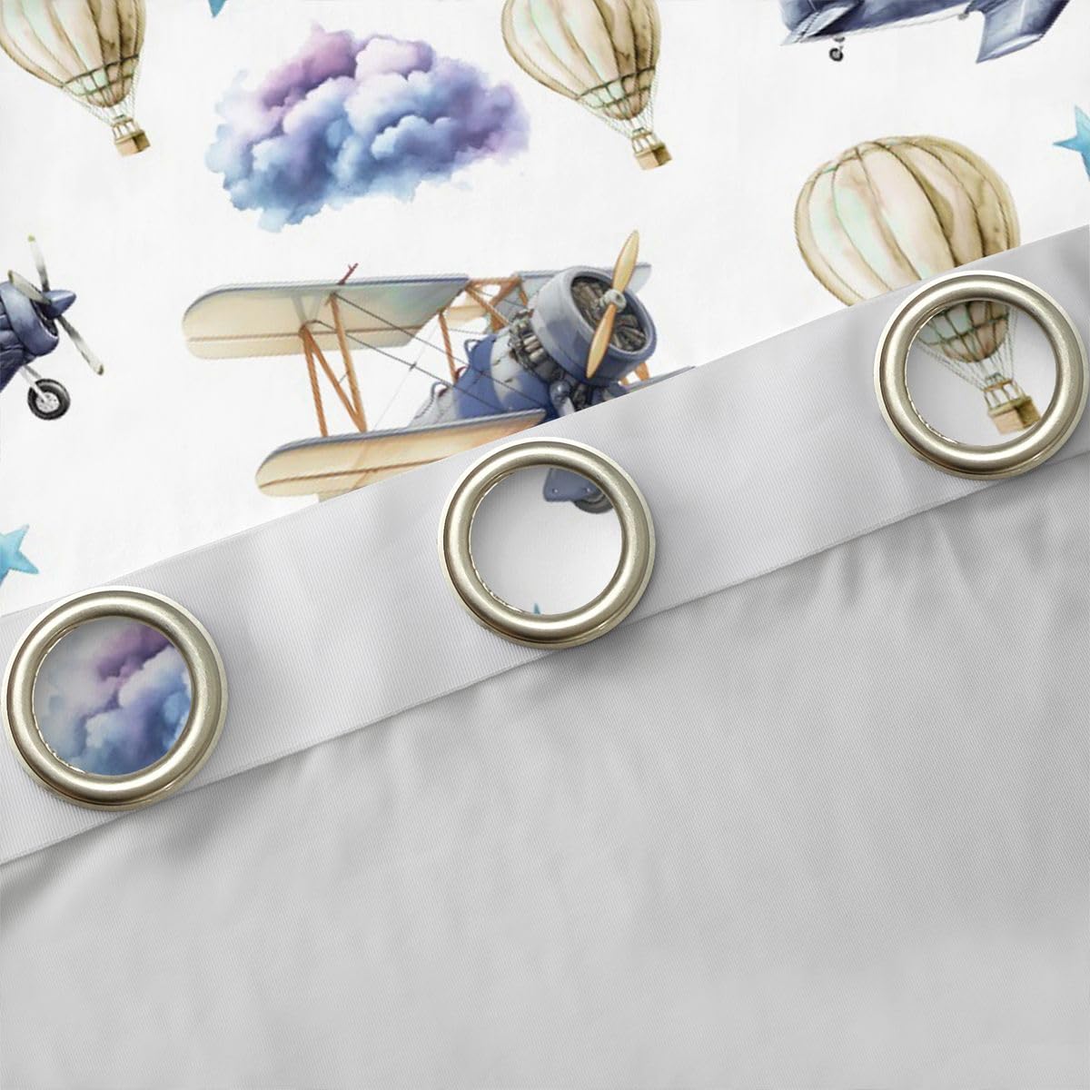 Homewish Tende per finestre a forma di aeroplano, 168 x 228 cm, set di 2 pannelli, tende oscuranti con mongolfiera, nuvole, stelle, combattimento, aeromobili, tende ad acquerello disegnate a mano per
