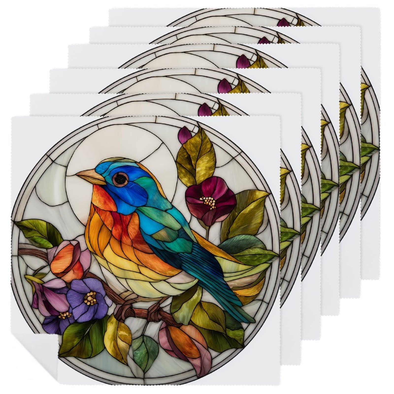 Stained Glass of A Beautiful Bird Tree Flowers Cloth Napkins Set of 6, Square Premium Reusable Washable Polyester Table Linen Napkin for Dinner Party
