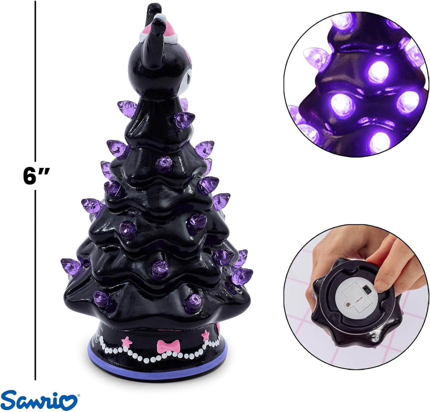 Sanrio Kuromi Light-Up Ceramic Christmas Tree | Battery-Powered Mood Light | 6 Inches Tall