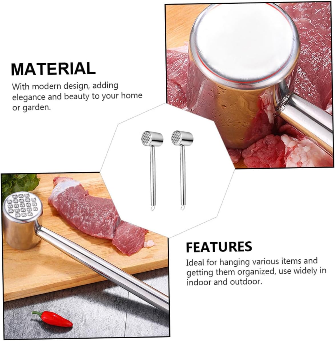 2pcs Stainless Steel Meat Hammer Tenderizer Mallet Kitchen Beef and Pork Hammer Tool for Home Cooking