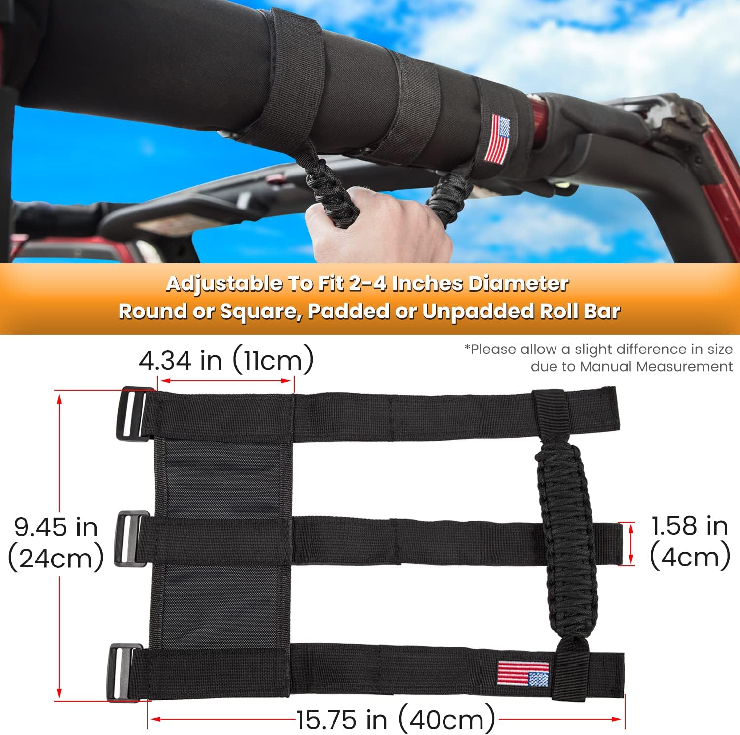 Roll Bar Grab Handles+Headrest Grip Handle for Jeep Wrangler YJ TJ JK JKU JL JLU Sport Sahara Freedom Rubicon Unlimited X Gladiator JT 1955-2023 UTV ATV Premium Paracord US Flag (Black 4 Pack)