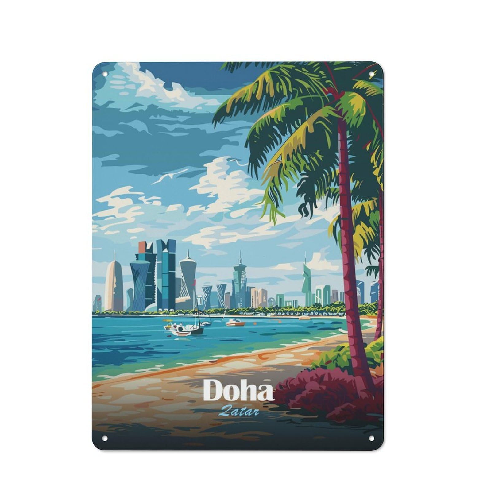 Junmoney Style-7 Vintage Garden Room Metal Sign 40X30cm Featuring Doha, Qatar Beach And Skyline, Utility Space Decor For Shed, Garden Room, Porch Or Garage