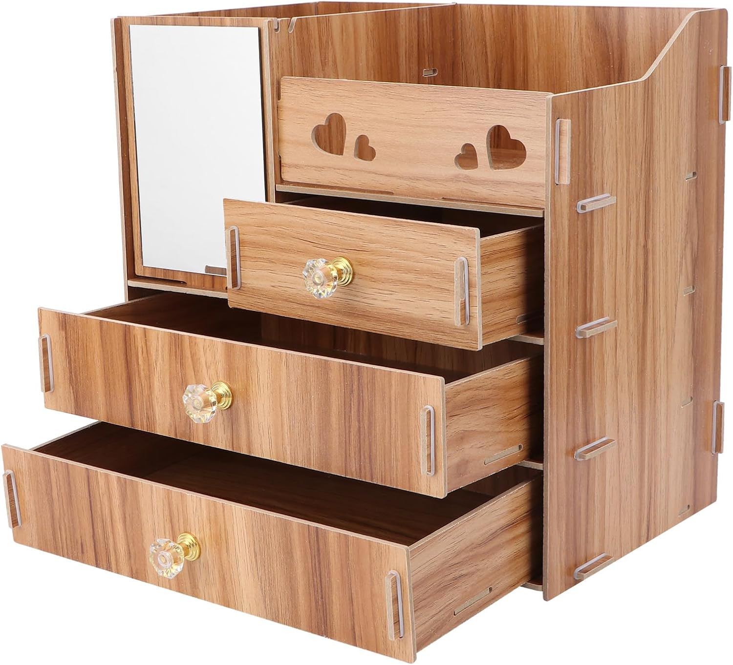 Wooden Desktop Cosmetics Storage Box with Mirror, 3-drawer Multifunctional Makeup Organizer for Vanity and Bathroom, Cherry Wood Cosmetic Container for Household Use