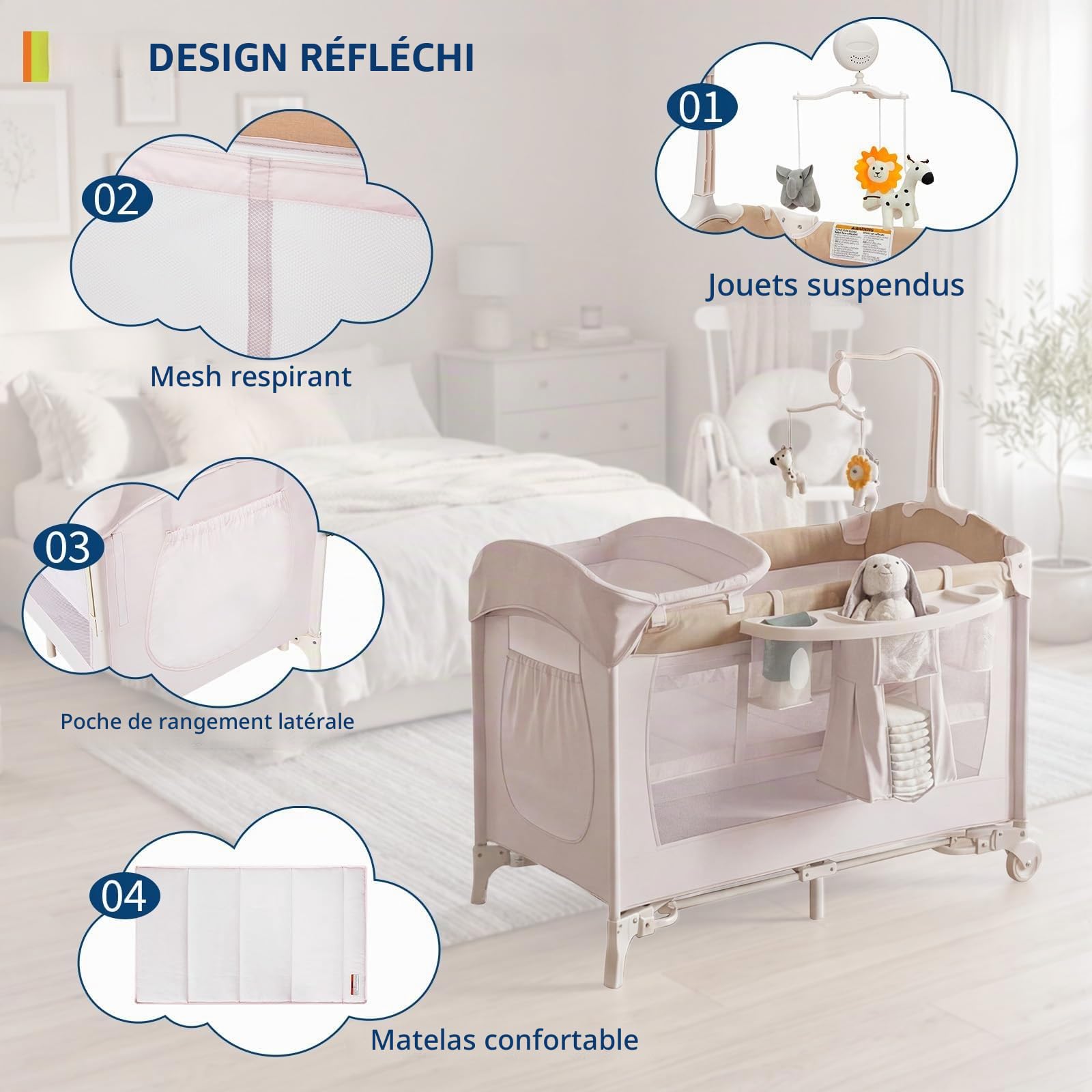 Garvee Lit Parapluie Bébé 5-en-1, Berceau Bébé, Lit de Voyage Pliable | sur Roulettes, avec Carrousel, Table à Langer et Parc de Jeu, Sac de Transport Inclus, pour Bébé Jusqu'à 15 kg, Kaki