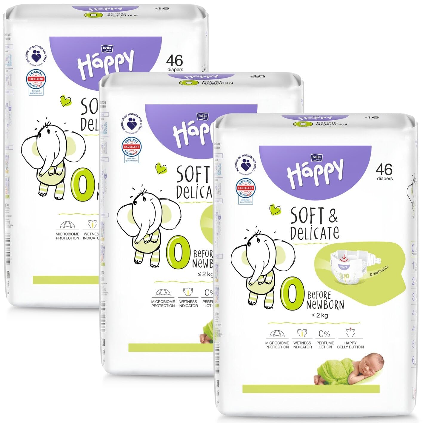 bella baby Happy Couches douces et délicates - Taille 0 Before Newborn < 2 kg (3 x 46 pièces) - Pour bébés prématurés ayant des besoins particuliers