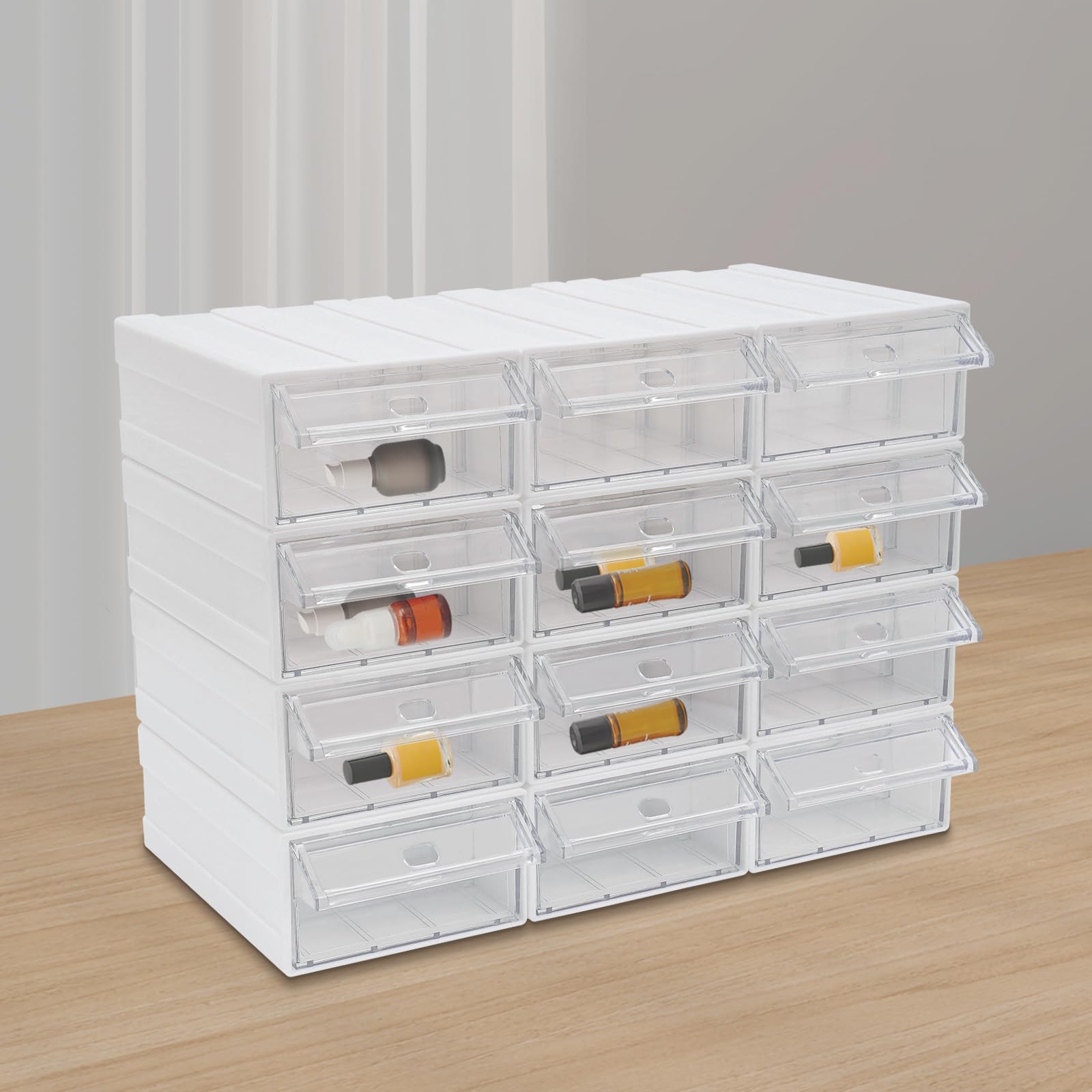 Scatola per bricolage con 12 cassetti, impilabile, trasparente e bianco, mini rimovibile, con graziosi design per cancelleria e accessori