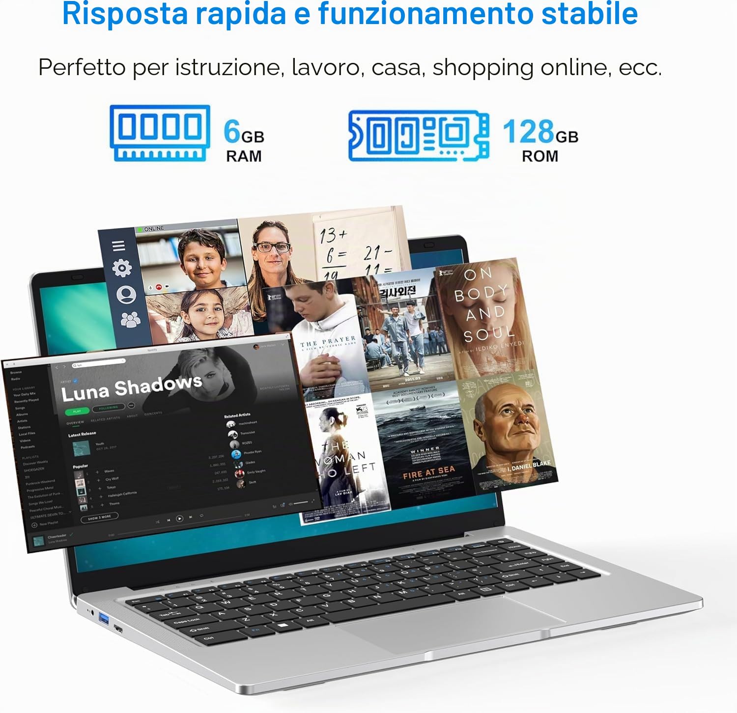 Notebook Portatile 14,1” | Celeron N4000 Dual-Core, 6GB RAM, 128GB SSD, 1366 X 768 UHD, Design Senza Ventola, Wi-Fi & Bluetooth, Mouse Incluso