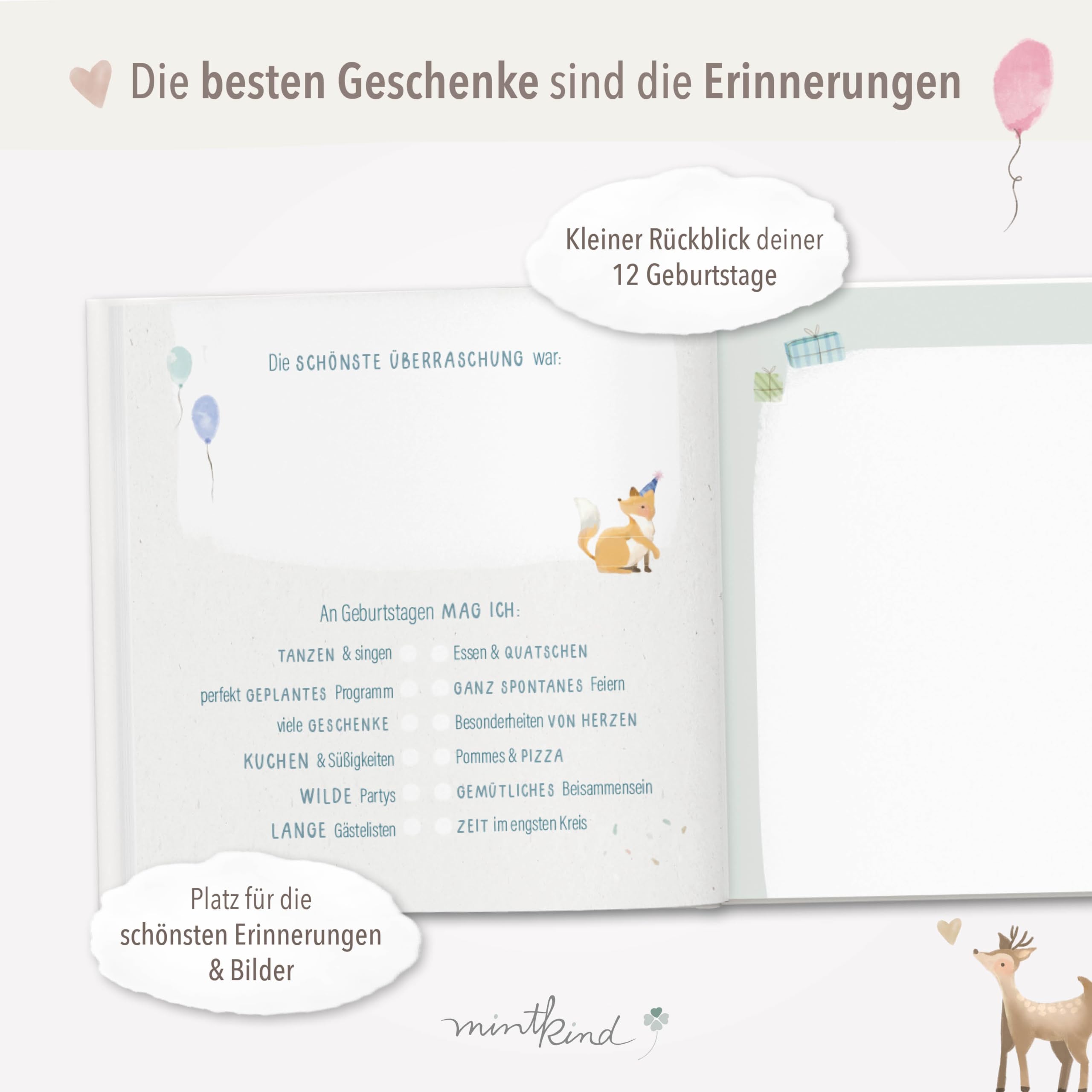 Mintkind Fotoalbum Kinder Rosa – Erinnerungsbuch Kindergeburtstag mit Ausfüllseiten – Erinnerungsalbum 1 bis 12 Jahre – Geschenk zur Geburt für Jungen & Mädchen