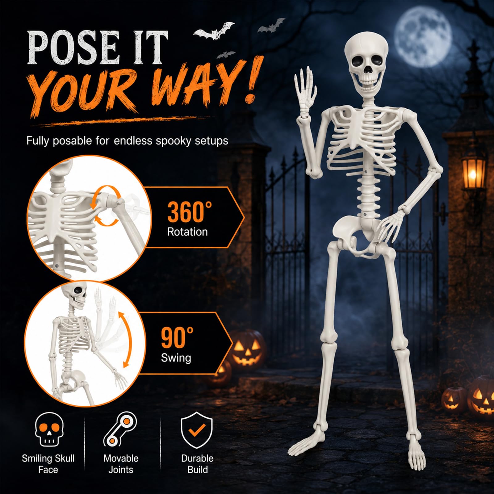Halloween scheletro poseable 90CM, plastica falso scheletro umano