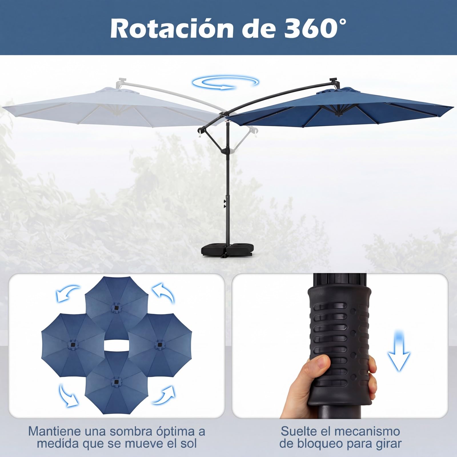 COSTWAY Sombrilla Terraza Exterior con Base, Parasol Excentrico con 32 Luces LED, Rotación de 360°, Manivela, Sacos de Arena, Sombrilla Jardín Grande para Patio Terraza (300 x 300 cm（con Luz）,Azul)