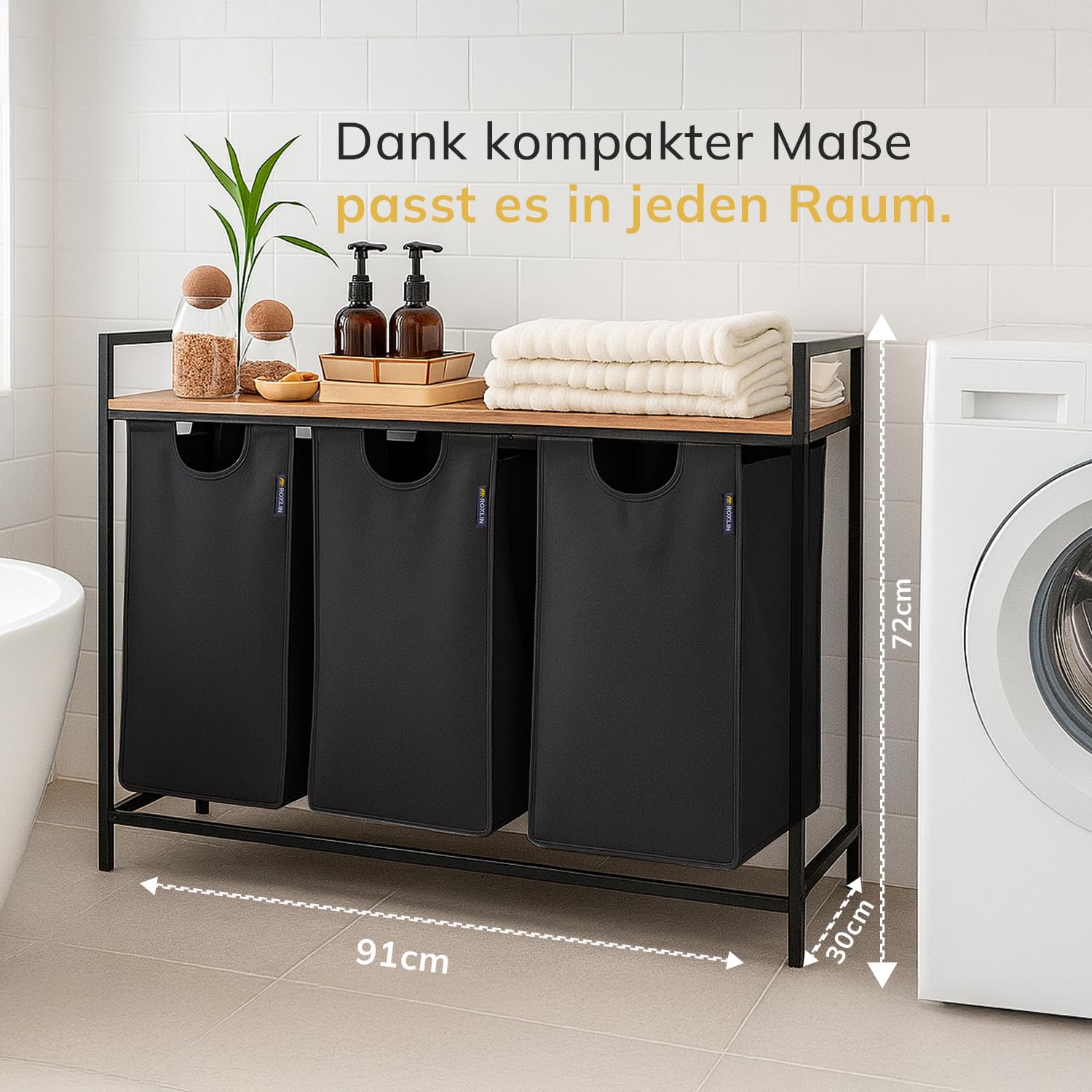 Wäschekorb mit 2 Fächern – Wäschesammler mit Deckel & Ablage Wäsche Sortierer aus Metall & Bambus Schmutzwäsche für Bad, Schlafzimmer, Waschküche Wäschesammler mit Ablage (Schwarz, 120 L)