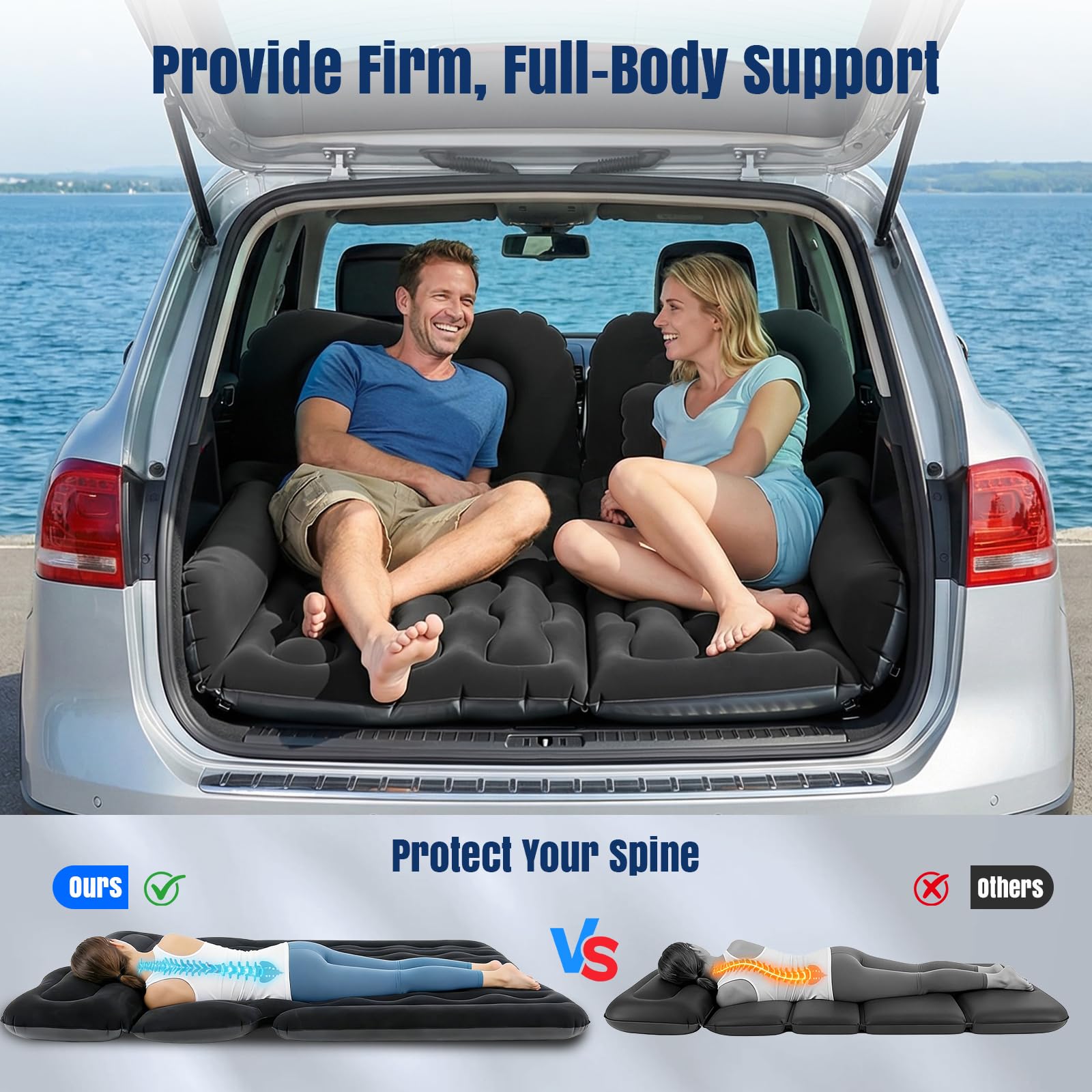 Matelas Gonflable Voiture, Matelas de Camping SUV pour Coffre et Banquette Arrière, Pompe 12V Incluse + 2 Oreillers ,2 Remplisseurs, Surface Flockée Douce Étanche, Convient Voiture RV MPV Fourgonnette