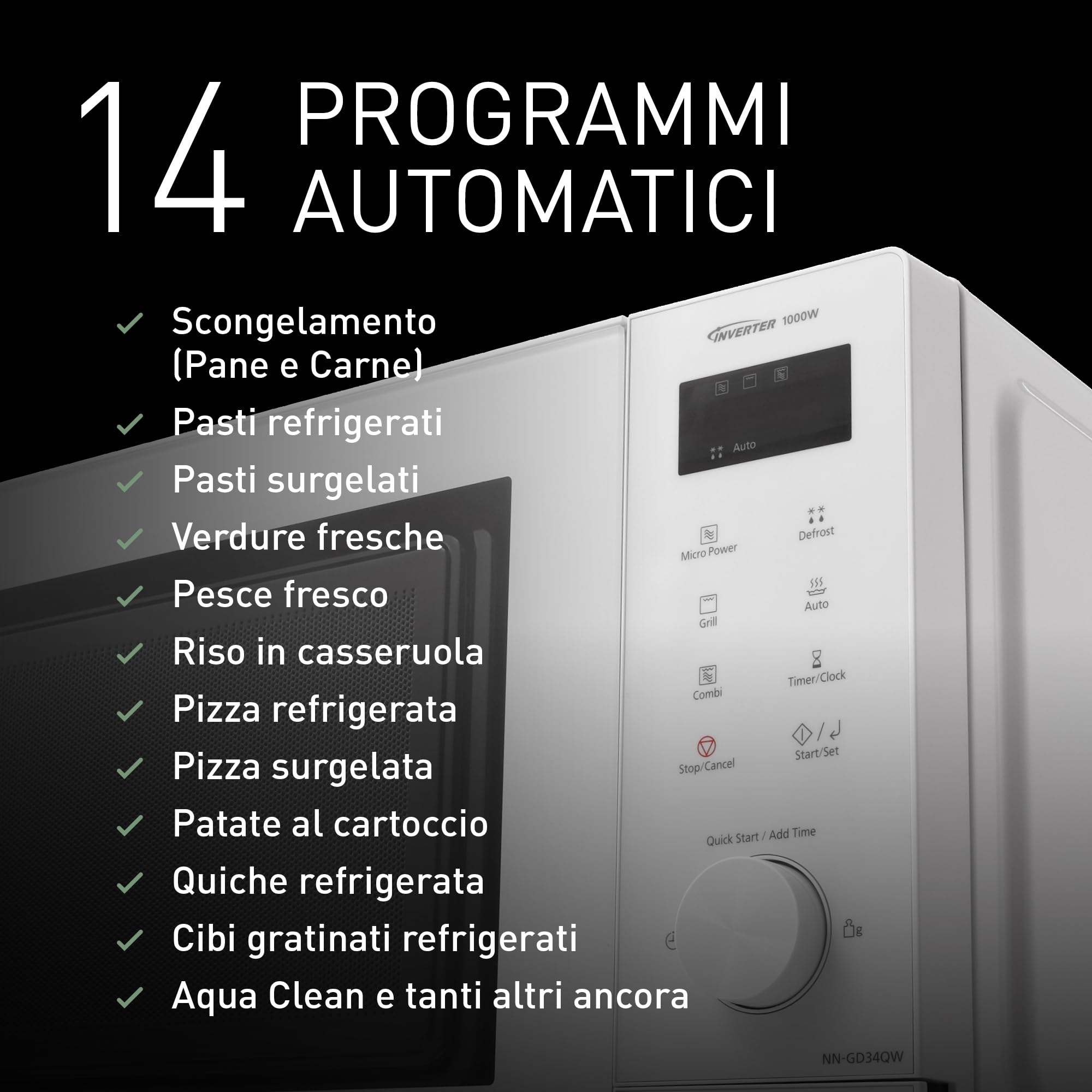 Panasonic NN-GD34QWEPG Forno Microonde con Grill 29L, 1000W, Scongelamento Automatico, Cottura Combinata, Timer, Bianco