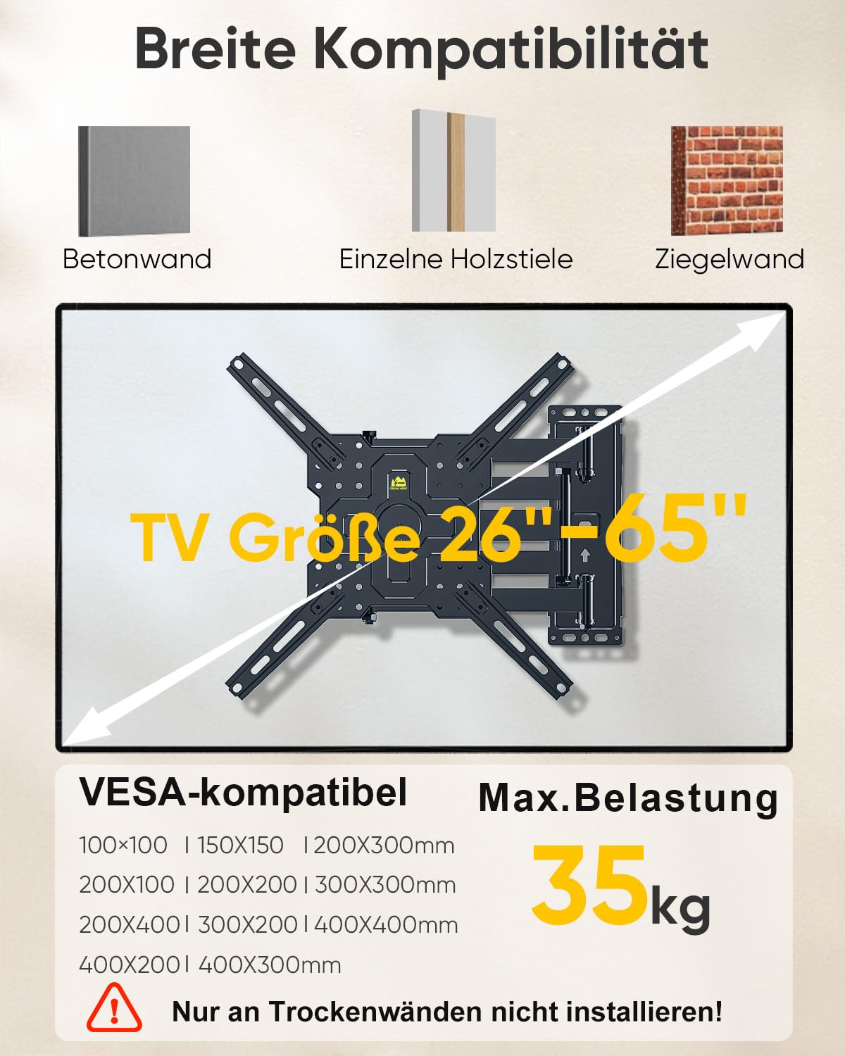 FORGING MOUNT TV Wandhalterung mit 1035mm Extra langem arm 26–65 Zoll TVs, Fernseher Halterung 180°drehbar,Neigbar,Vollbewegliche TV Halterung, MAX VESA 400 x400mm up to 35KG
