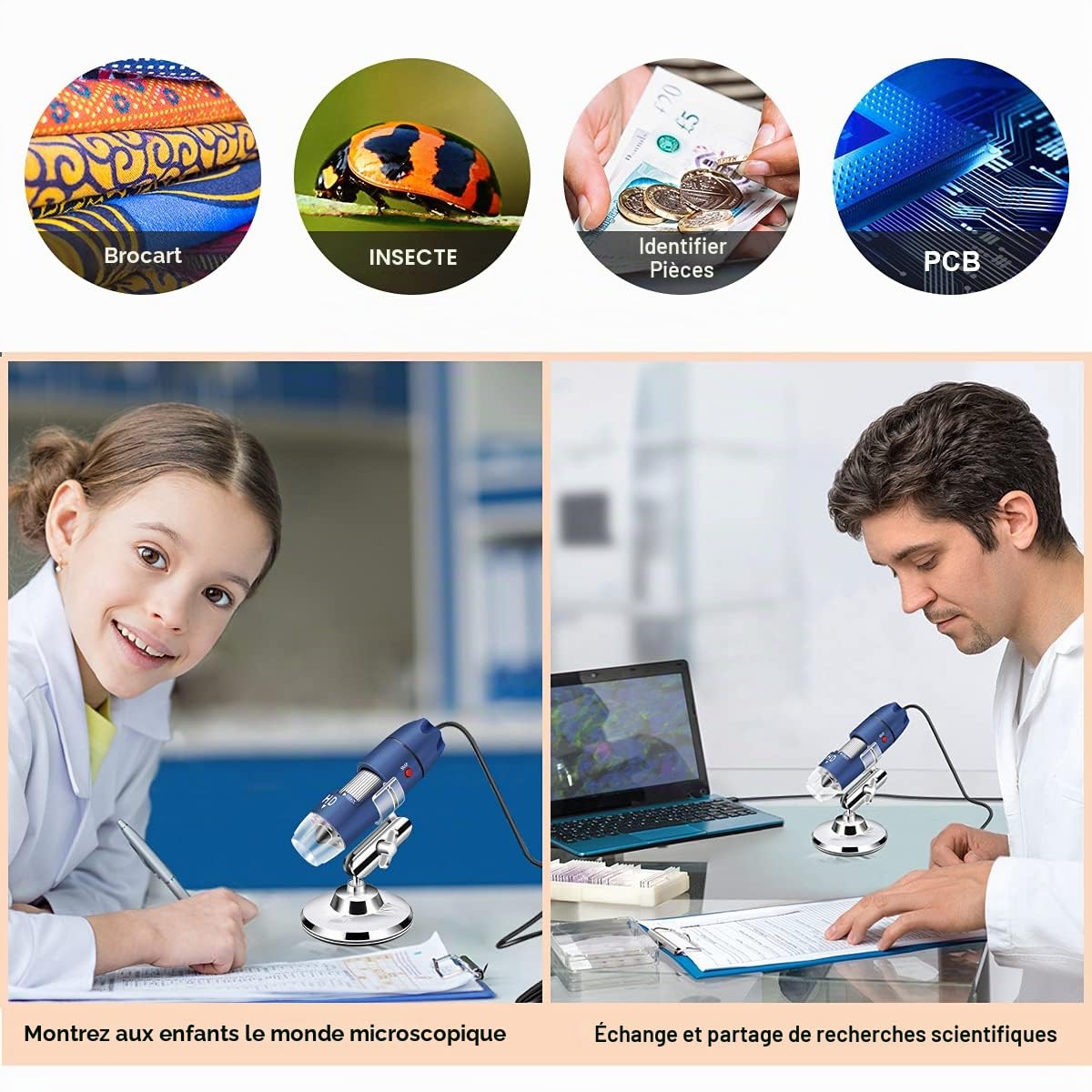 Jiusion 2K HD 2560x1440P Microscope Numérique Usb Pour Téléphone Portable Et Tablette Android Windows Mac Linux, Mini-appareil Photo Endoscope à Grossissement 40X à 1000X pour Pièces Peau Cuir Chevelu