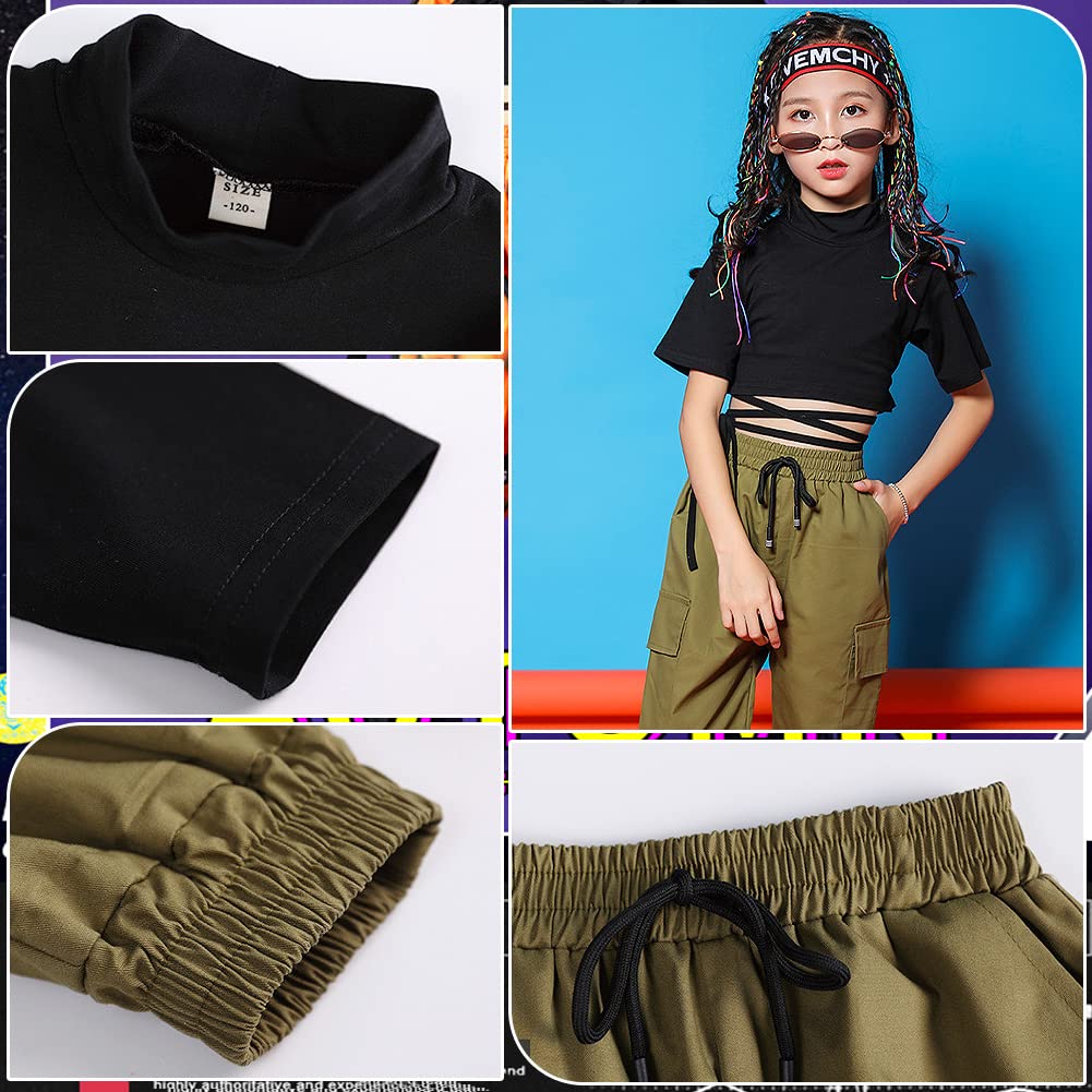 Ropa Niña Top Corto Hiphop Moda + Pantalones Cargo Conjunto 2 Piezas Traje Jazz Color Sólido para Edad 3-17 Años