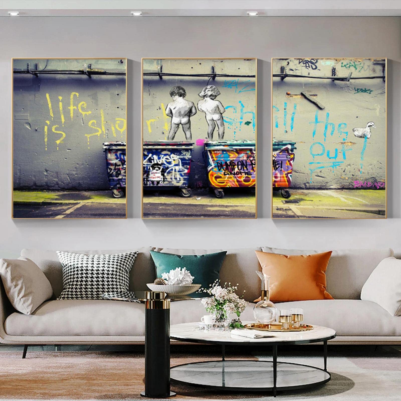 Lienzo pintado Banksy Street Art "Life Is Short Chill, Ducks Fly", carteles e imágenes impresas de graffiti en la pared, decoración del hogar, 70 x 90 cm (28 x 35in) x3, marco interior