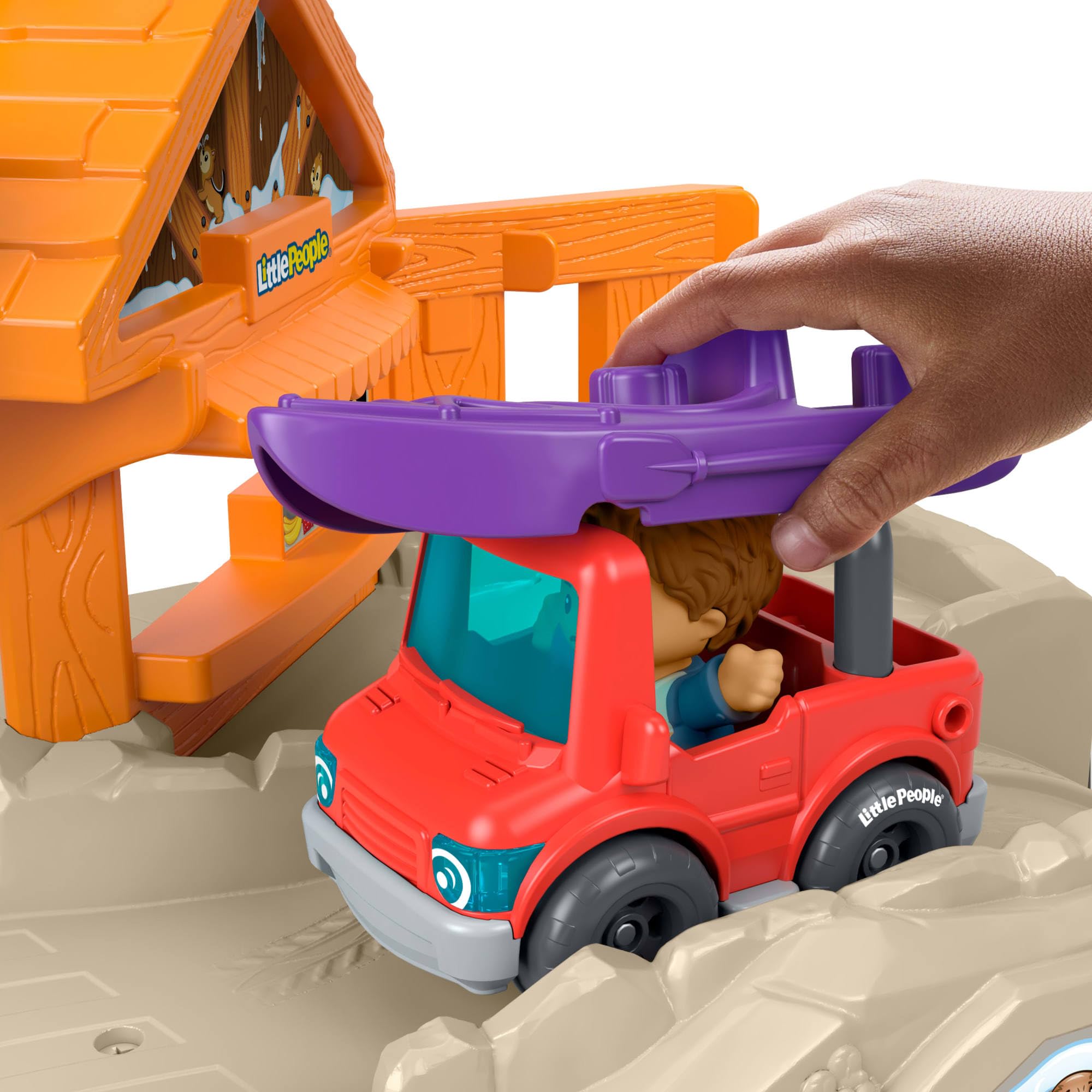 Fisher-Price Little People Wielka górska przygoda Tor samochodowy Zjeżdżalnia Zestaw, autko, 2 figurki, kajak i elementy do zabawy, zabawka dla dzieci 1+, JJY77
