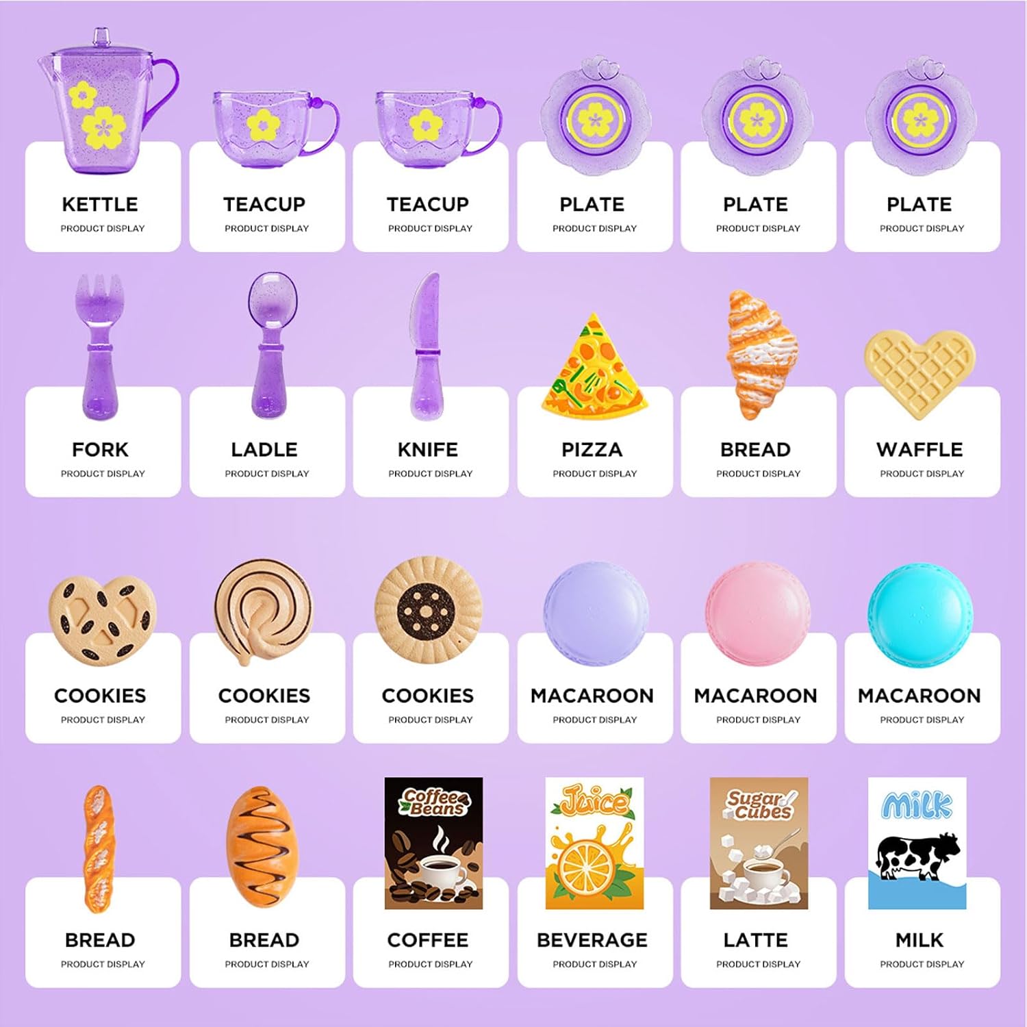 Tea Party Set for Little Girls, Pretend Dessert Food Set for Kids Age 3 4 5 6 7 8 9, Kids Kitchen Pretend Play Dessert Set for Girls Princess Boys (Purple)