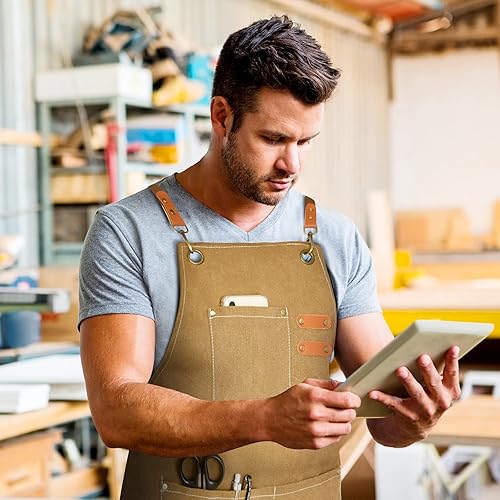 Miniatura 5 de Delantal de chef para hombres y mujeres, delantales de lona con 3 bolsillos traseros cruzados, delantal de trabajo resistente para cocinar