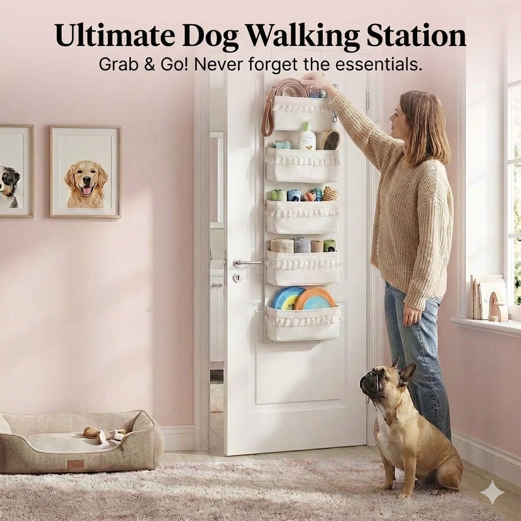 Over The Door Organizer, 5-Tier Sturdy Canvas Hanging Storage for Pet Supplies & Dog Walking Gear, Heavy Duty Large Pockets for Leashes, Treats, Toys, Multi-Use for Nursery & Closet (Beige)