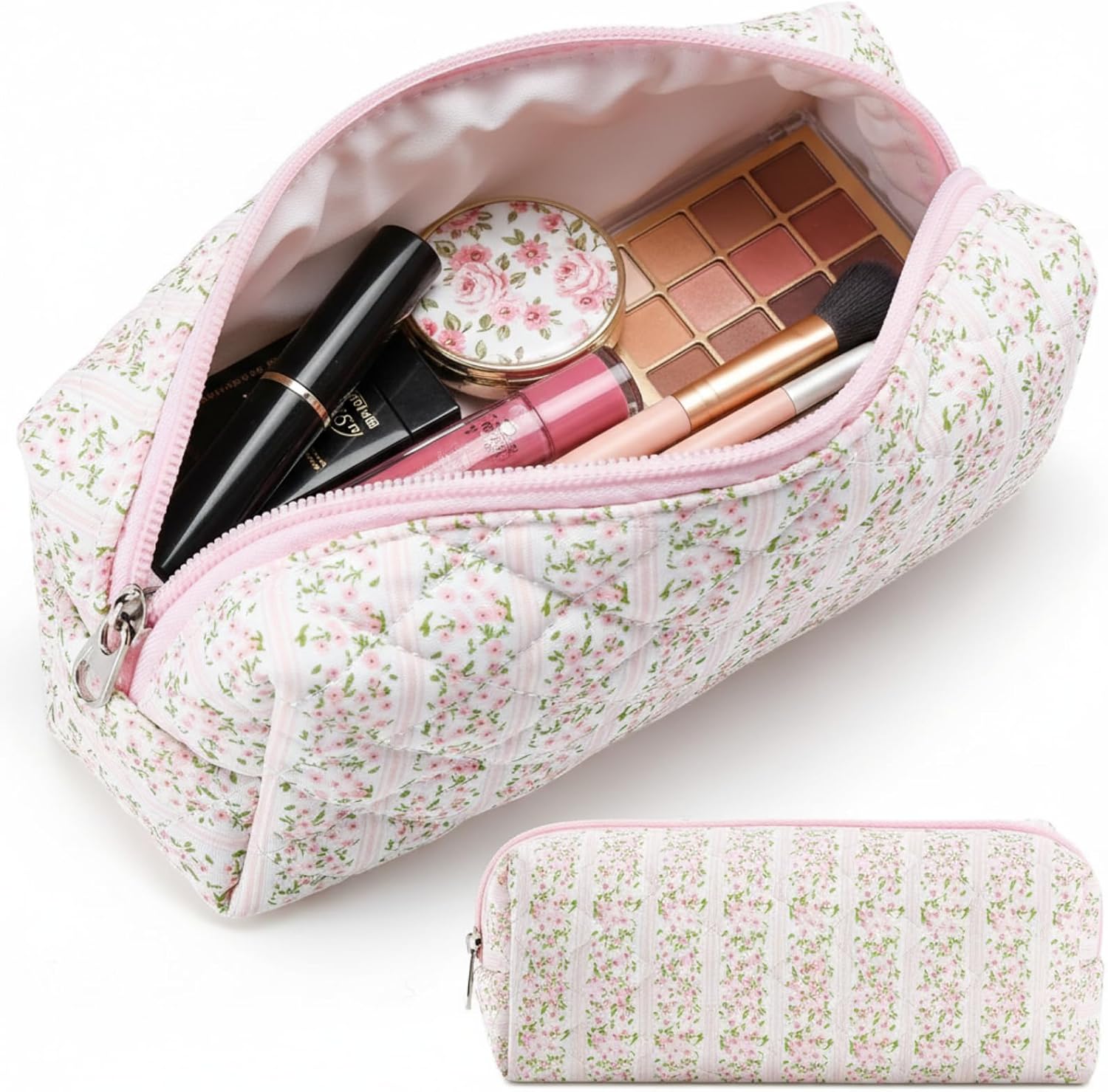 Paterr Floral Quilted Makeup Bag Cute Flower Makeup Pouch, Pink Floral