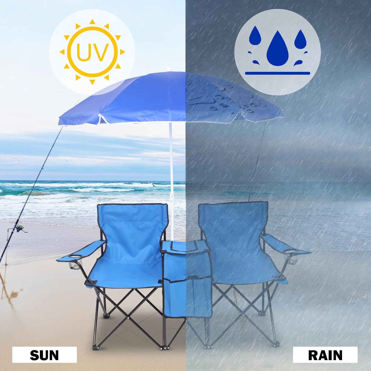Outvita Folding Double Camping Chair w/Umbrella Beverage Holder Carrying Bag Cooler Fold Up Table, Large Bearing Capacity for Beach Patio Pool Park Outdoor Blue