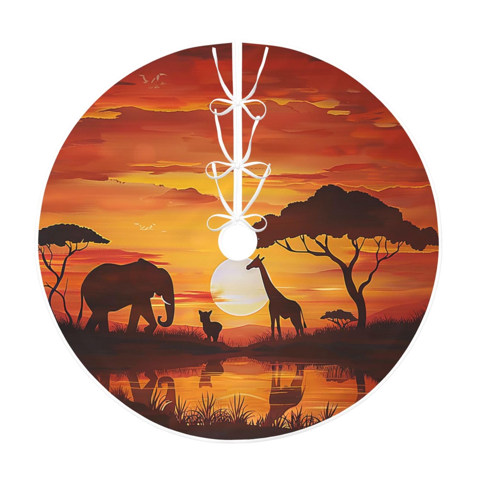 Elephant and Giraffe in The Sunset Printed Imitation Linen Christmas Tree Skirt with Hemp Bandage, Xmas Tree Cover Mat for Christmas New Year Party Home Decor, 36 inch