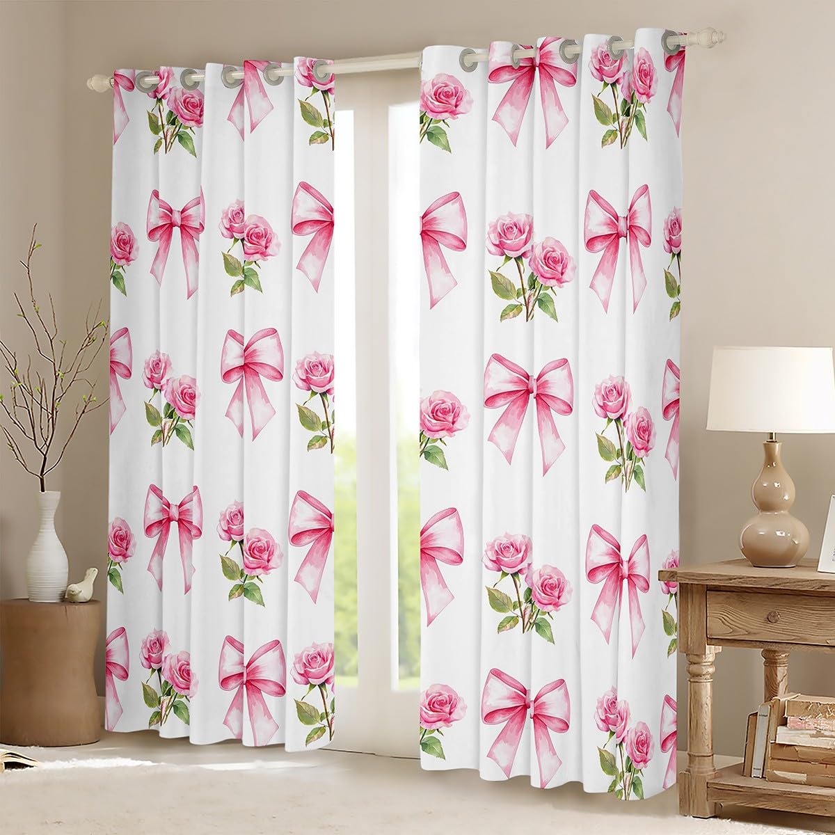 Pink Bowknot Kids Blackout Curtains,Rose Flowers Valentine's Day Romantic Window Drapes for Girls Women,Pink Bow Tie Knot Princess Dreamy Window Treatments Grommet Top 2 Panel Set,66Wx90L inch - Image 3