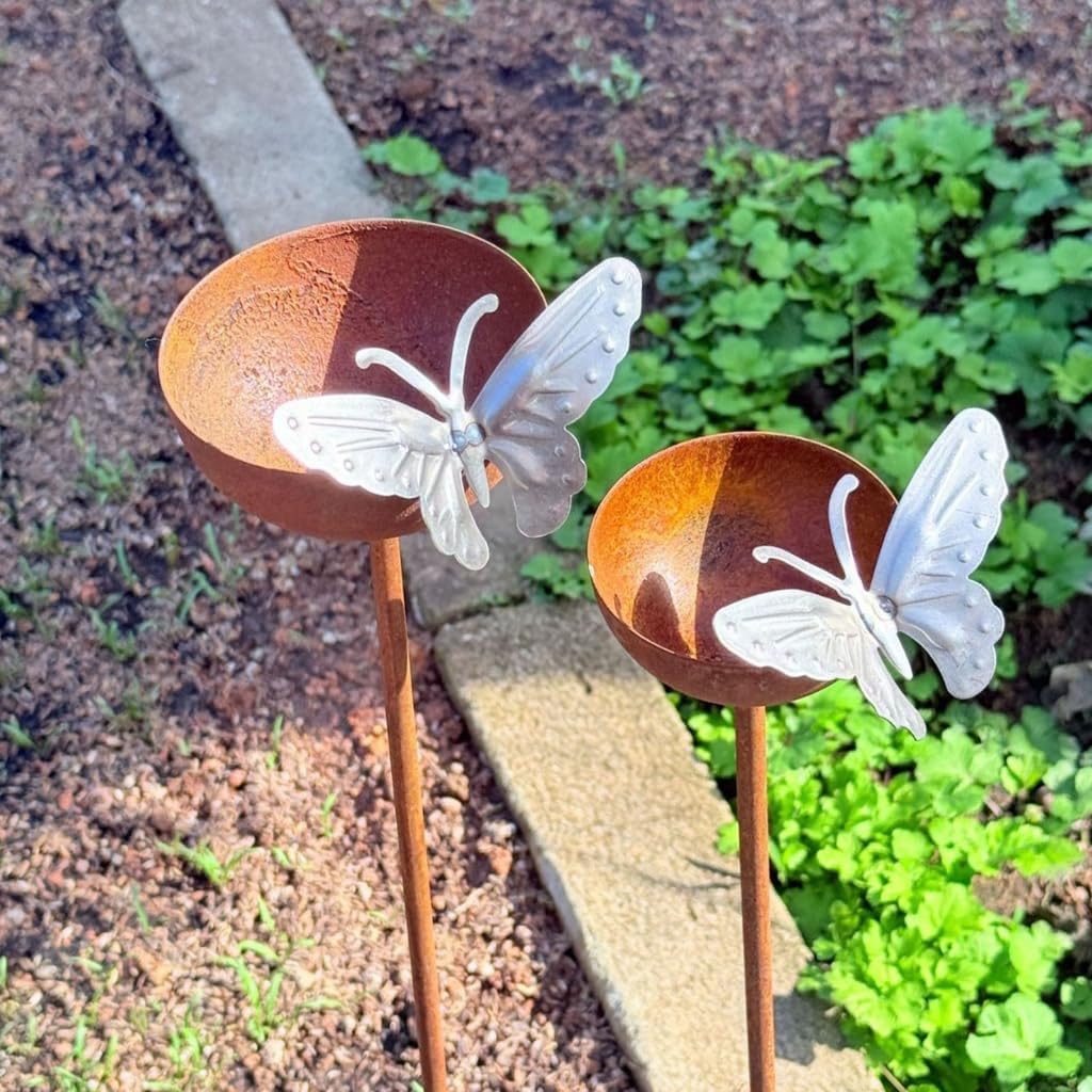 Outdoor Wildlife Water Cup Stakes with White Butterfly Metal Bowl Pair
