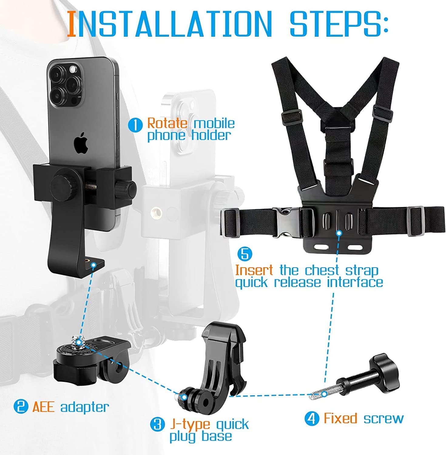 VTS Mobile Phone Chest Strap Mount GoPro Chest Harness Holder for VLOG/POV, with iPhone 13 Pro Max Plus,Samsung,GoPro Hero 9, 8, 7, 6, 5,OSMO Action 4