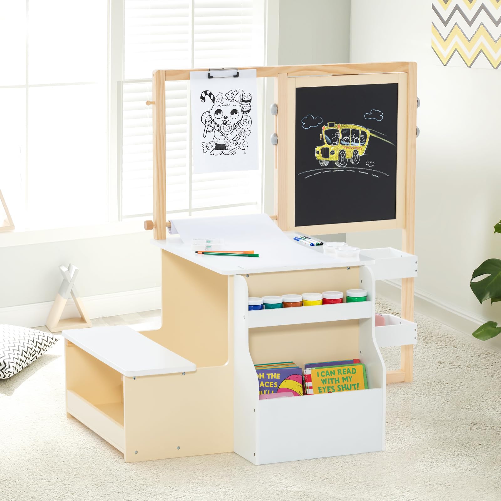 COSTWAY Bureau Enfants 2 en 1 Bois avec Banc & Etagères, Tableau Double Face Réglable avec Rouleau Papier & Craies, Table Dessin 3 Ans+ 50kg Blanc