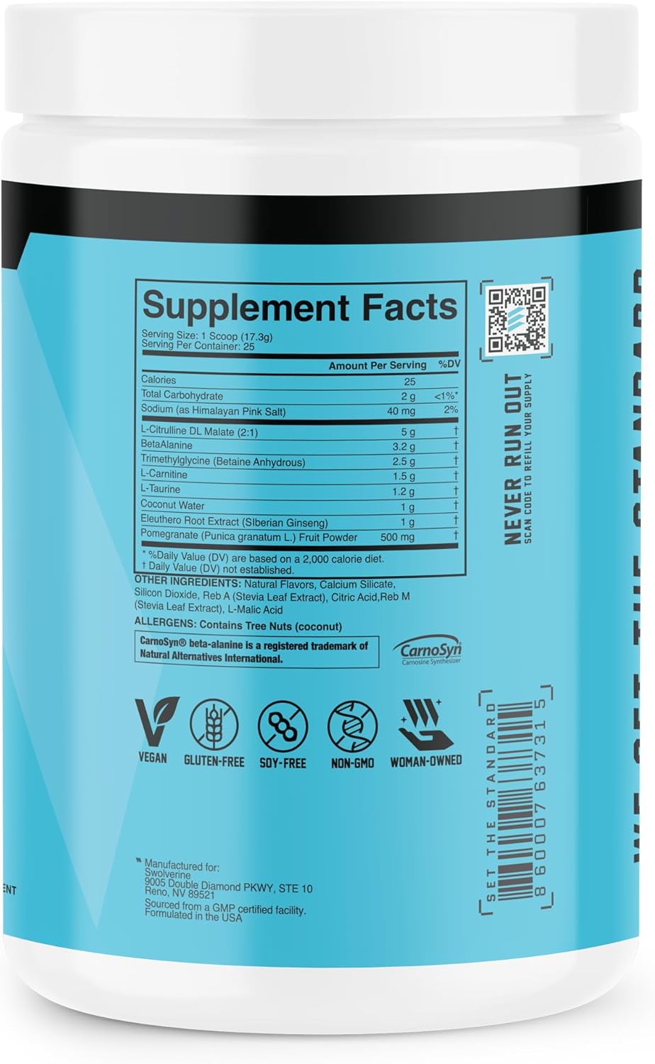 Swolverine PRE | Citrulline Malate, Carnosyn Beta Alanine, Carnitine, Ginseng, Pomegranate, Betaine, Coconut Water Endurance, Energy, Strength, Vegan, Gluten Free, Non-GMO (25 Servings)