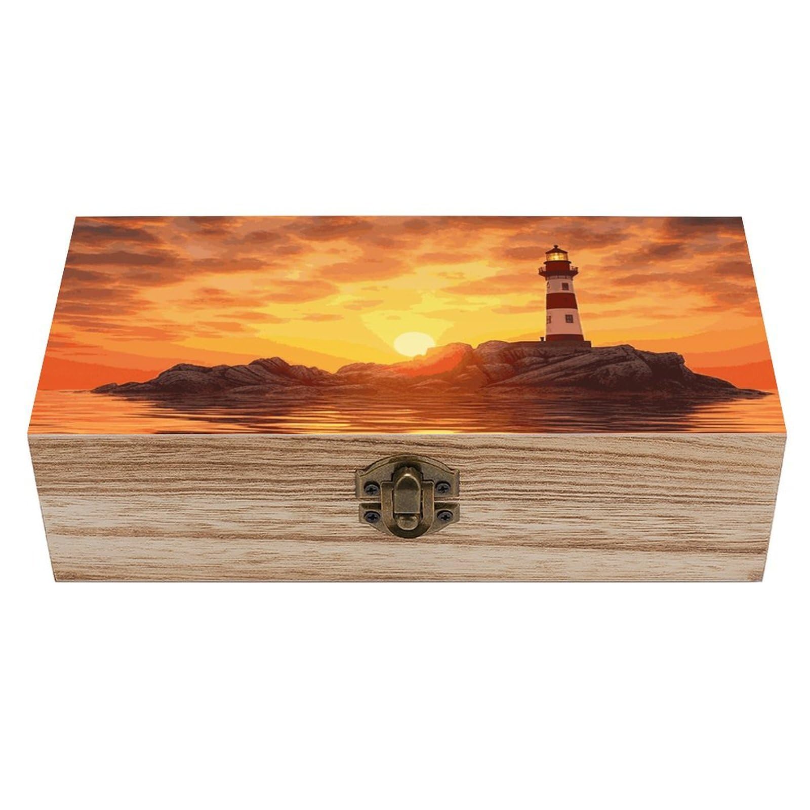 Wooden Storage Box Sea Lighthouse in Sunset Wood Gift Box with Hinged Lid Vintage Decorative Jewelry Boxes Memory Box for Jewelry Art Hobbies Home Storage Treasure Keepsake Gift 7.9''x3.9''x2.3''