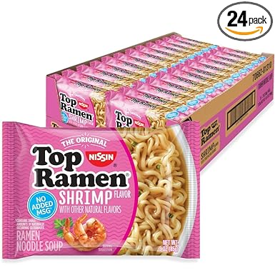 Nissin Top Ramen Noodle Soup, Shrimp Flavor, 3 Ounce (Pack of 24)