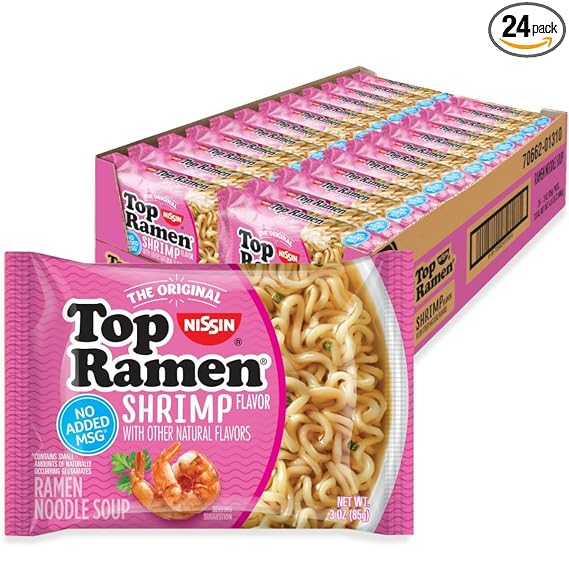 Nissin Top Ramen Noodle Soup, Shrimp Flavor, 3 Ounce (Pack of 24)