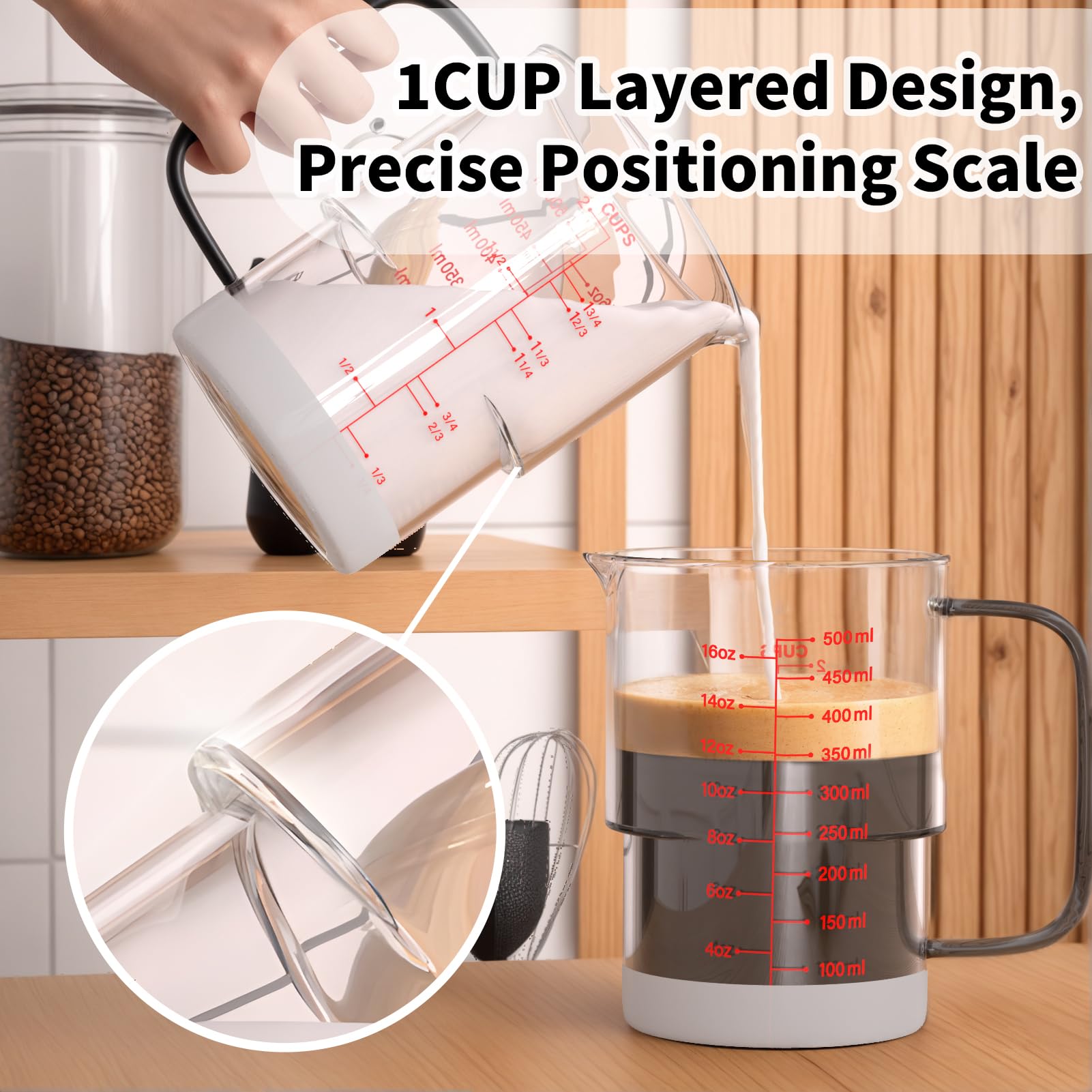 Taza medidora de vidrio de 2 tazas para hornear y cocinar, (actualizada, 3 marcas, incluye escala de taza/ml/onza) apta para lavavajillas, congelador, microondas y horno precalentado 6