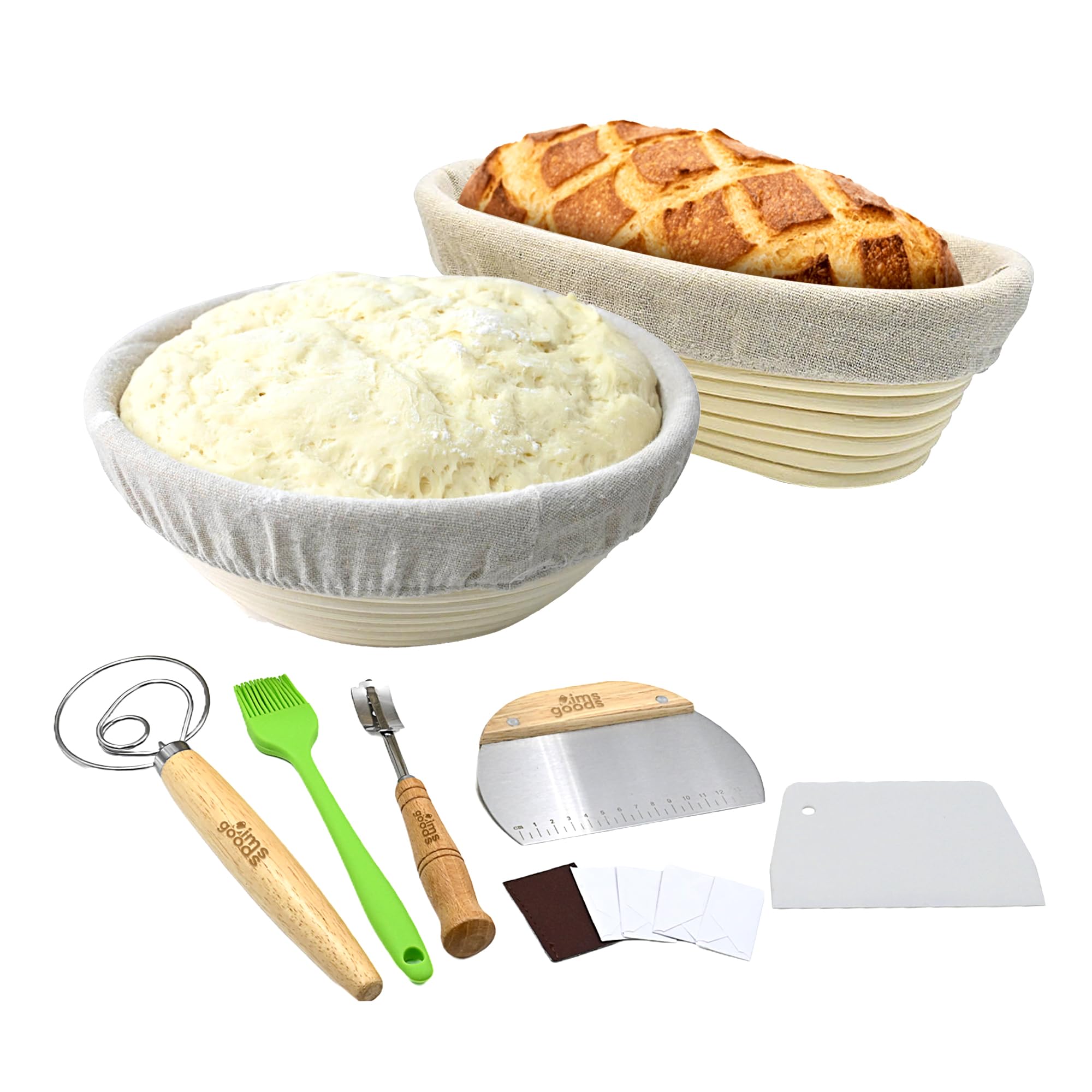 Jims Goods Banneton Bread Proofing Basket Set of 2, 9 Inch Round, 10 Inch Oval, Sourdough Starter Kit with Complete Bread Making Tools & Linen Liner