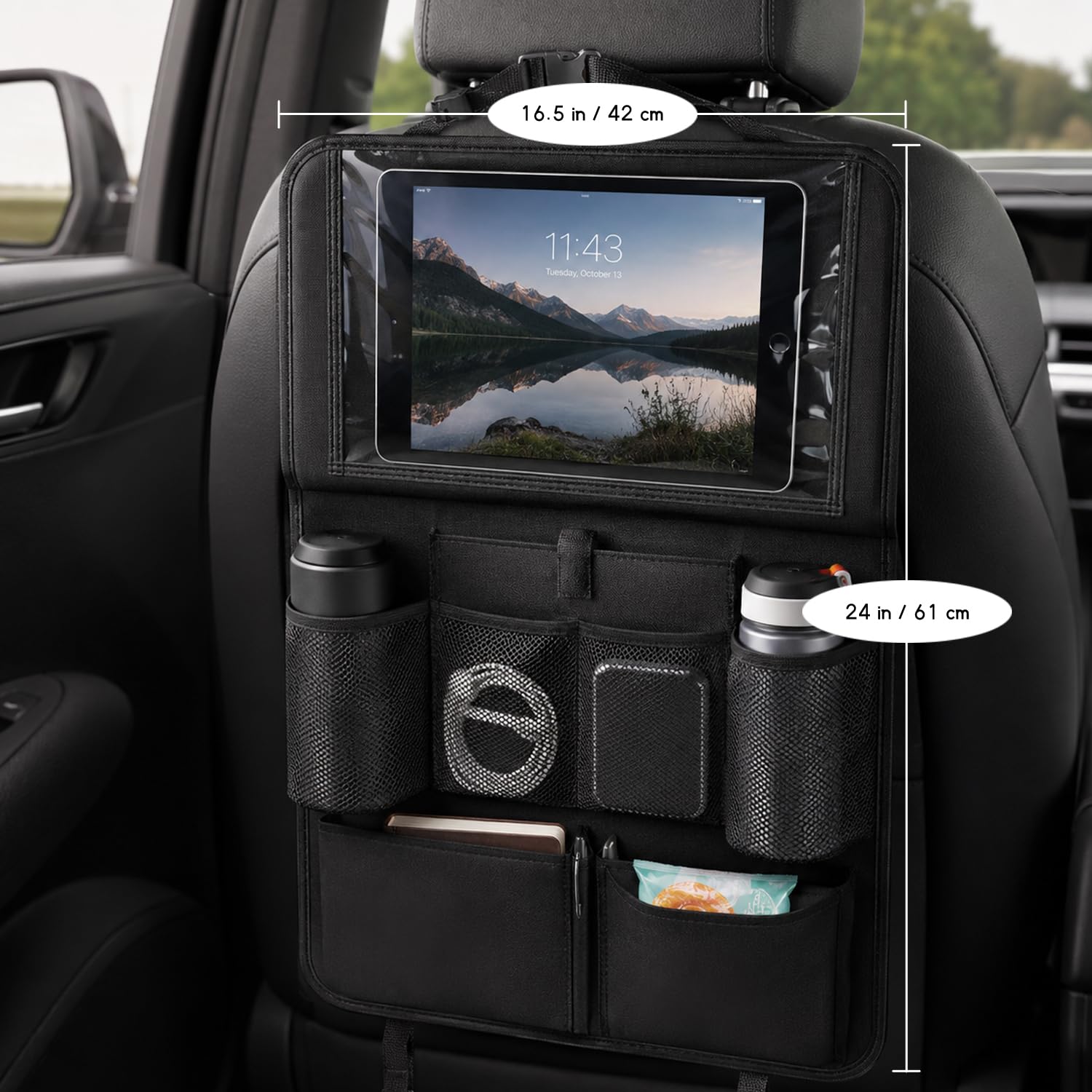 2 organizer per sedile auto per bambini, con tavolo pieghevole e supporto per tablet, 62 x 42 cm, protezione per lo schienale dell'auto, impermeabile, in tessuto Oxford con 12 tasche, accessori